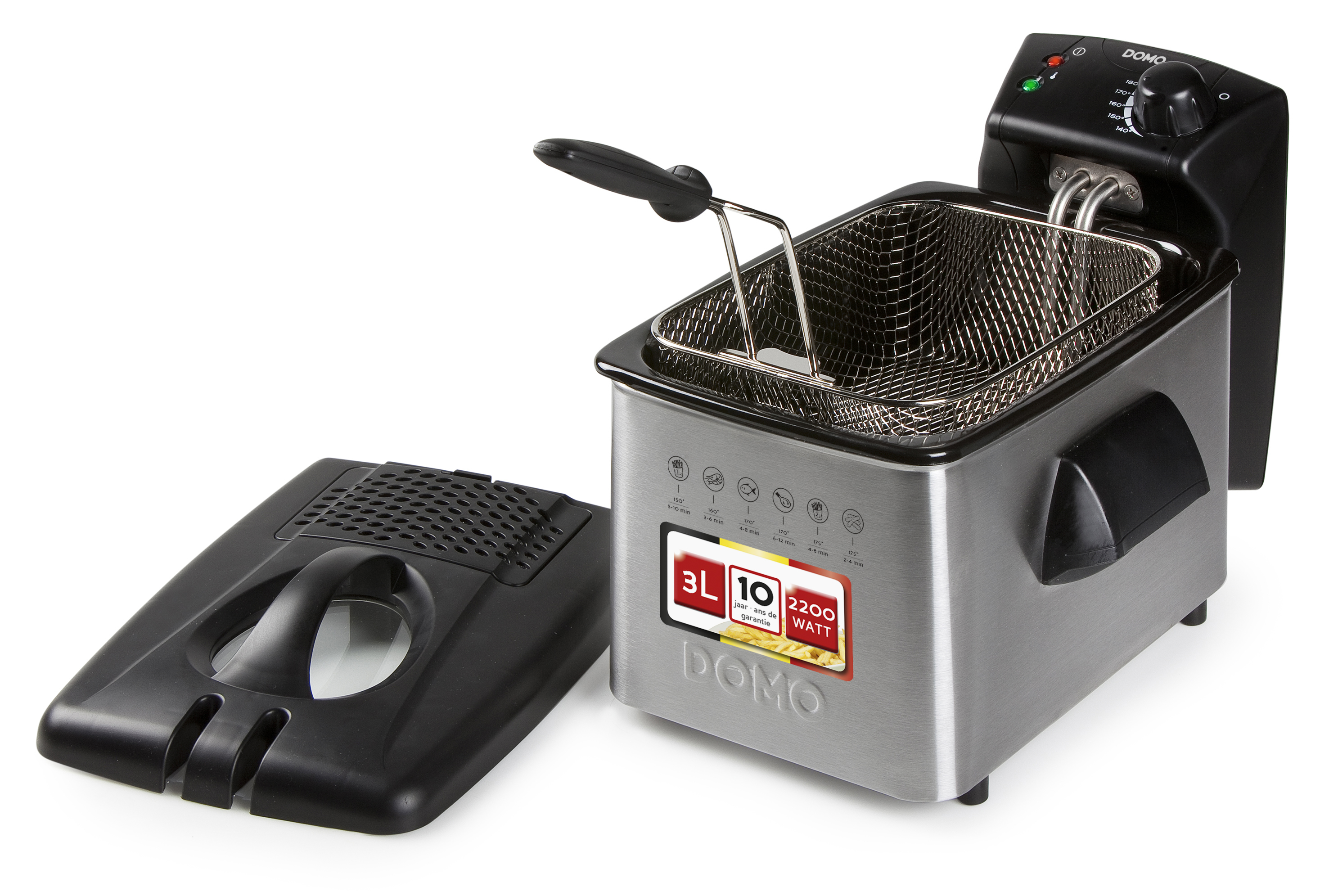 Srebrna frytkownica DOMO z frytkami w koszu i zdjętą pokrywą.