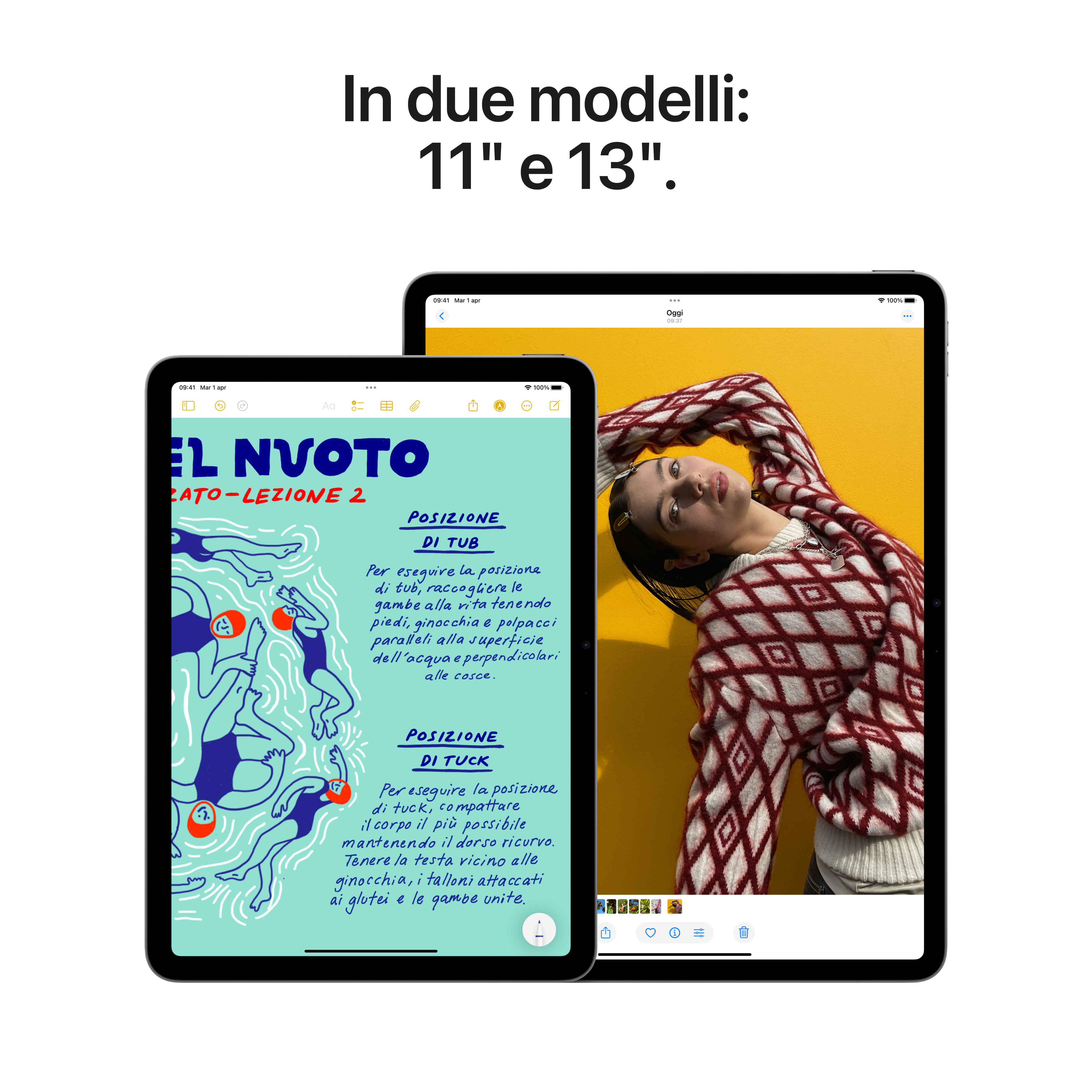 Zwei iPads nebeneinander, eines mit einer Zeichnung auf dem Bildschirm und eines mit einem Foto einer Frau. Weißer Hintergrund.