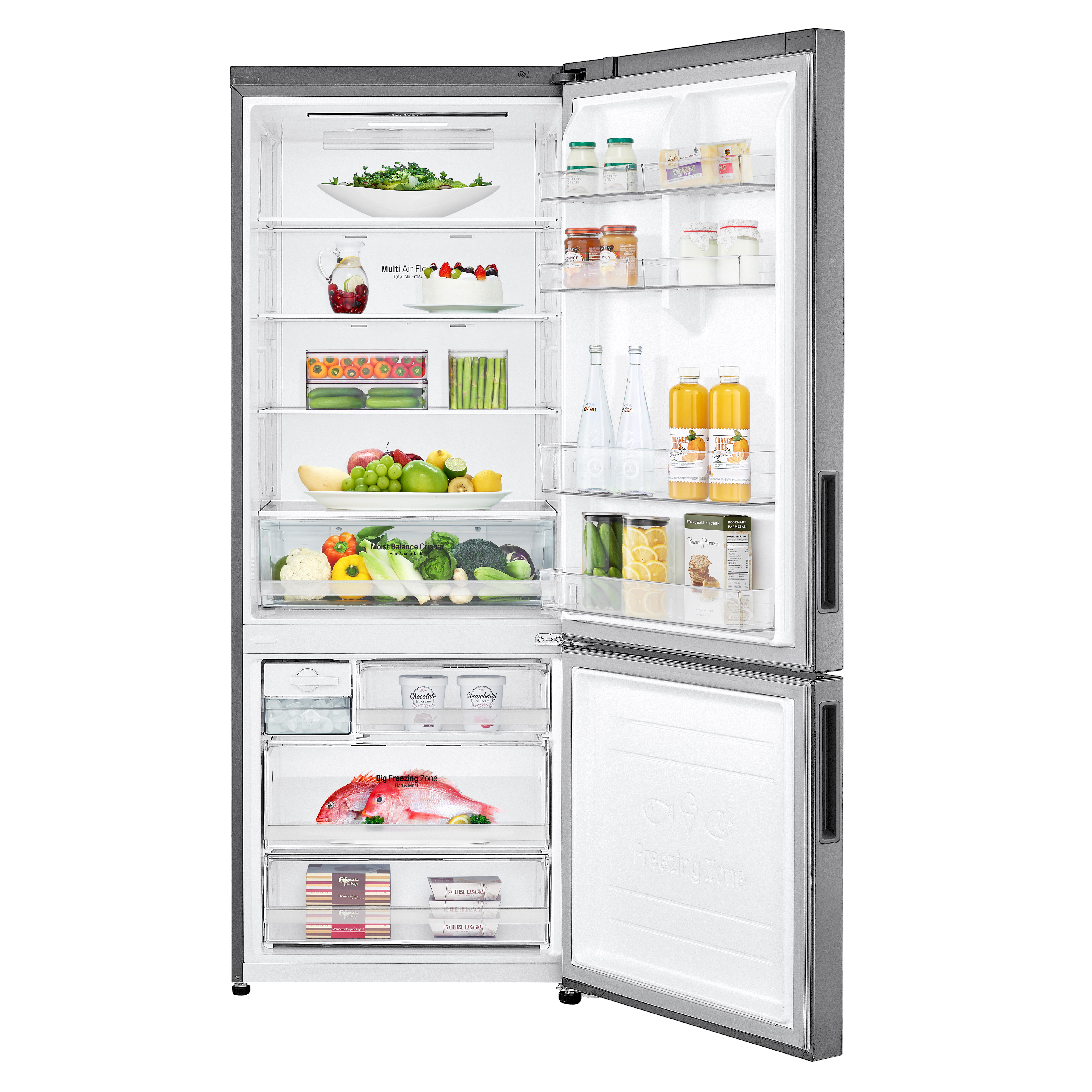 Un frigorifero LG aperto pieno di alimenti, tra cui verdure e bevande.