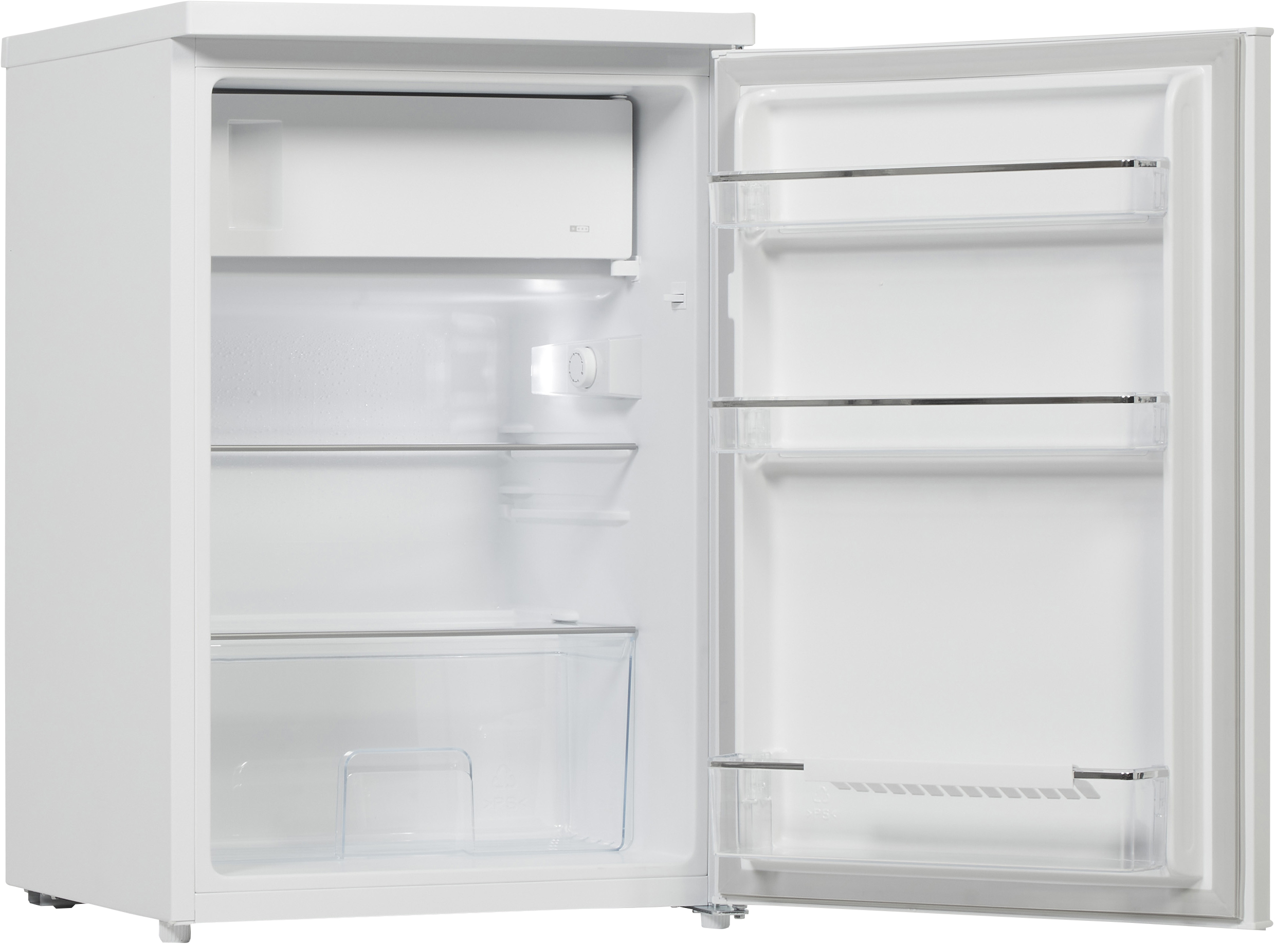 Un réfrigérateur blanc vide avec la porte ouverte. À l'intérieur, il y a des étagères et un petit compartiment congélateur en haut.