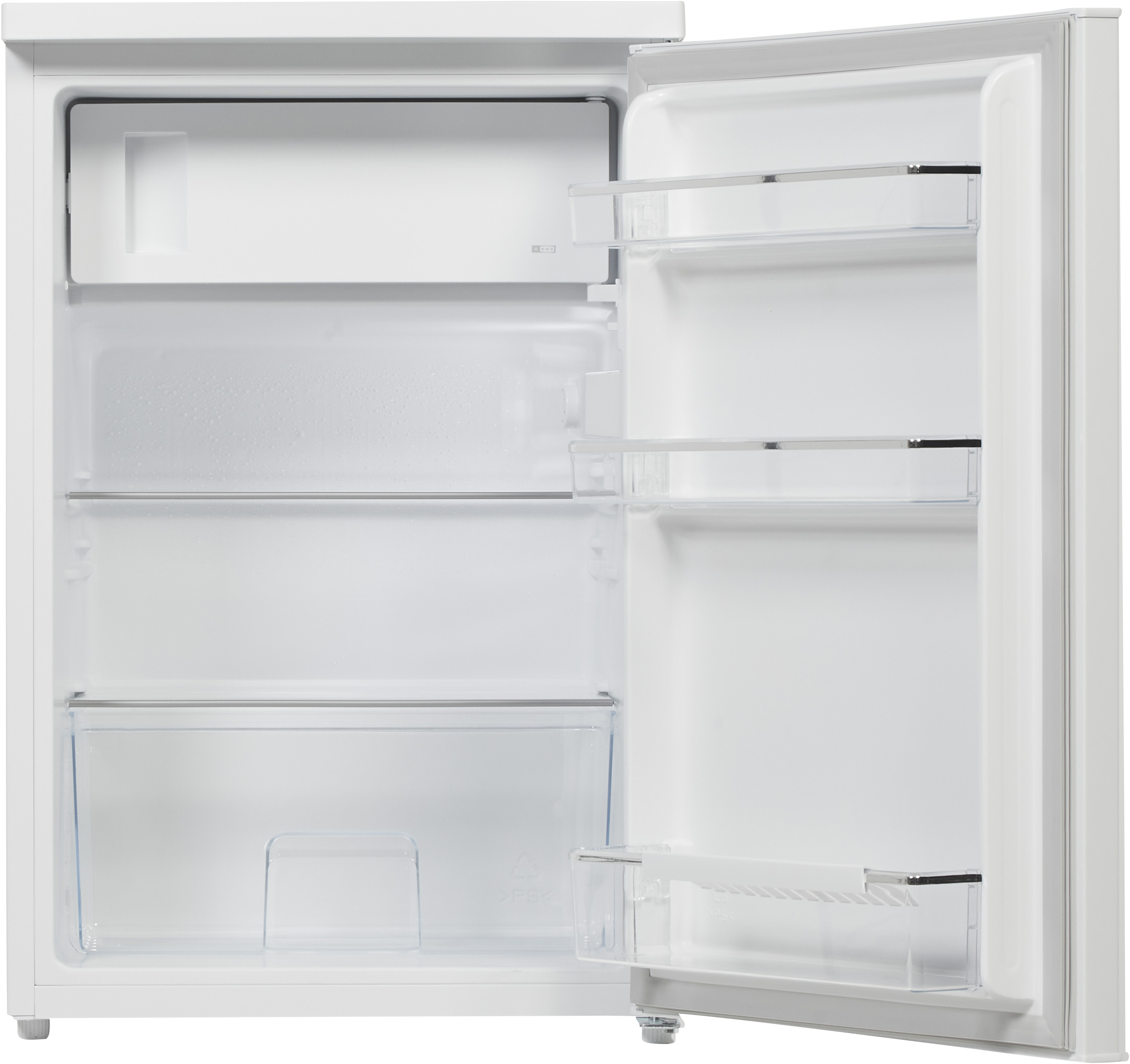 Intérieur de réfrigérateur blanc ouvert avec étagères et bacs transparents. La porte est ouverte.
