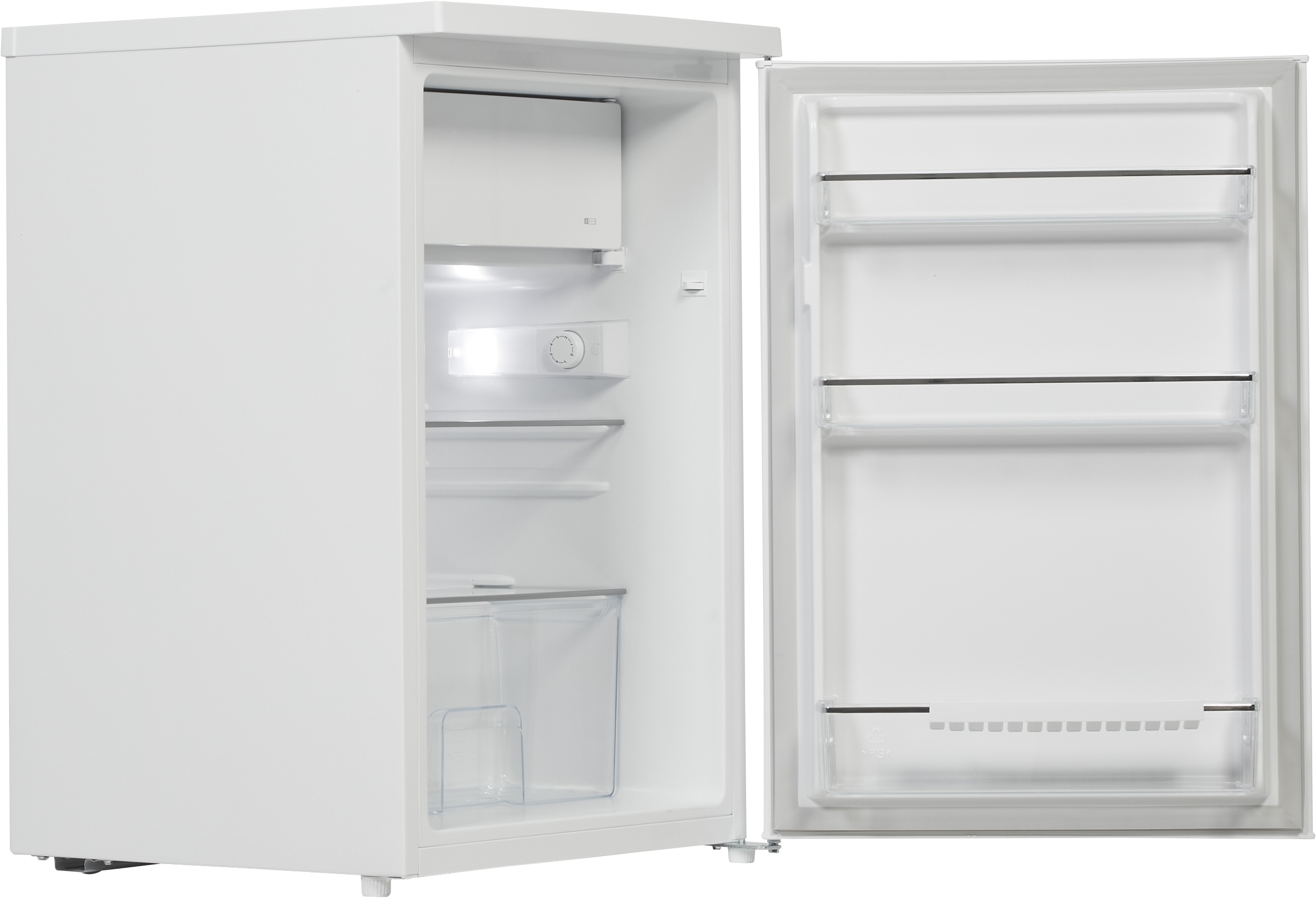 Un réfrigérateur blanc vide avec la porte ouverte, montrant des étagères et un petit compartiment congélateur en haut.