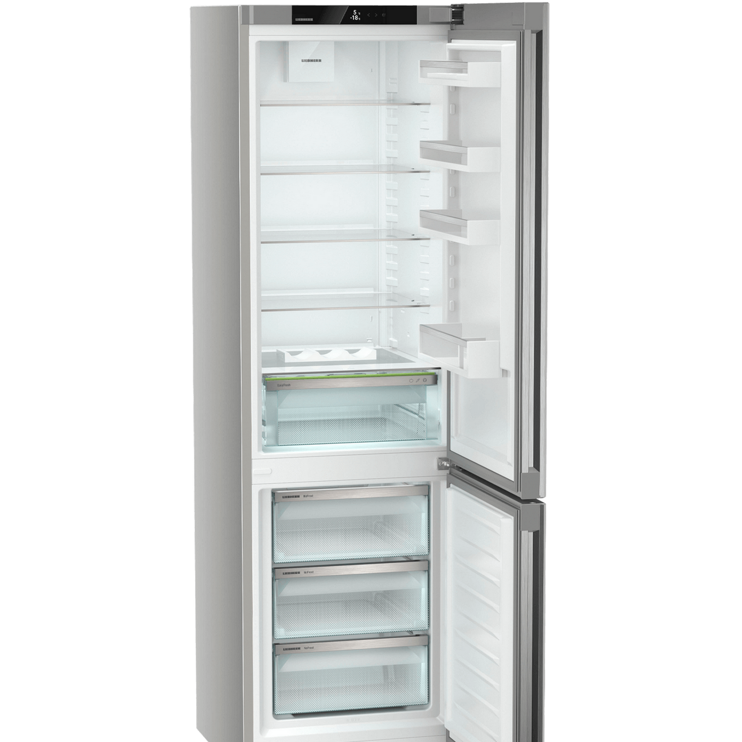Frigorifero Liebherr aperto con ripiani e cassetti in vetro. Interno illuminato, con cibo visibile.