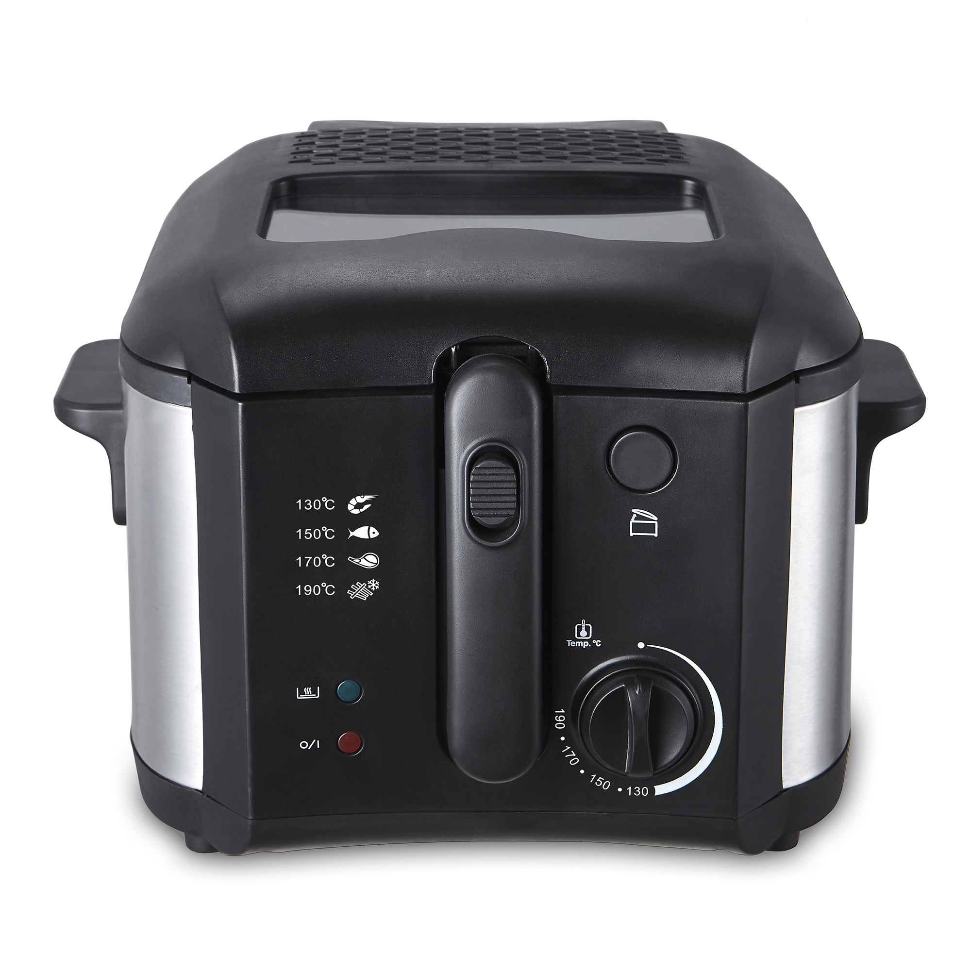 Czarna i srebrna frytownica z pokrętłem i uchwytem. Białe tło.