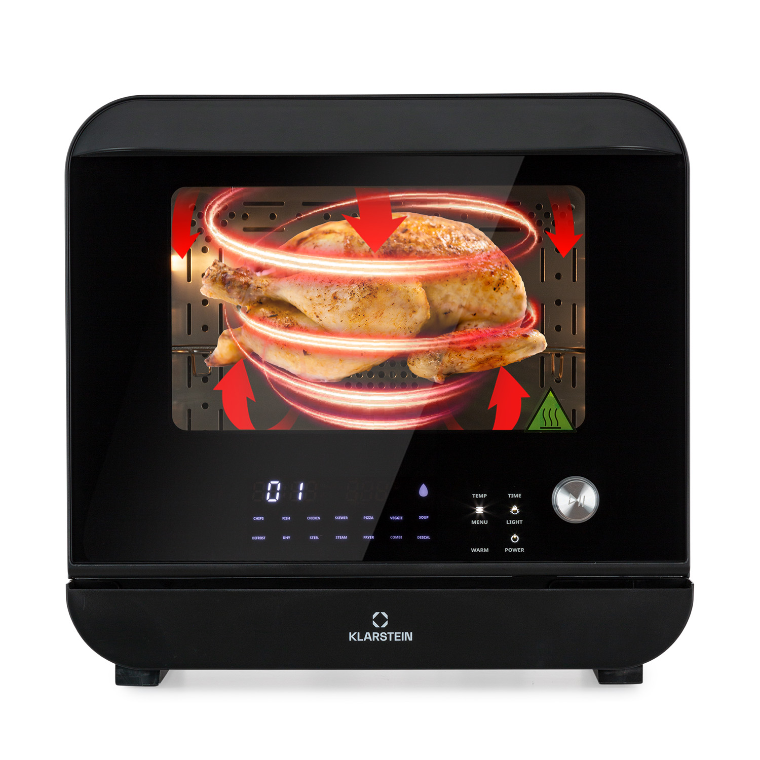Forno con pollo cotto all'interno. Frecce rosse mostrano la circolazione dell'aria. Klarstein.