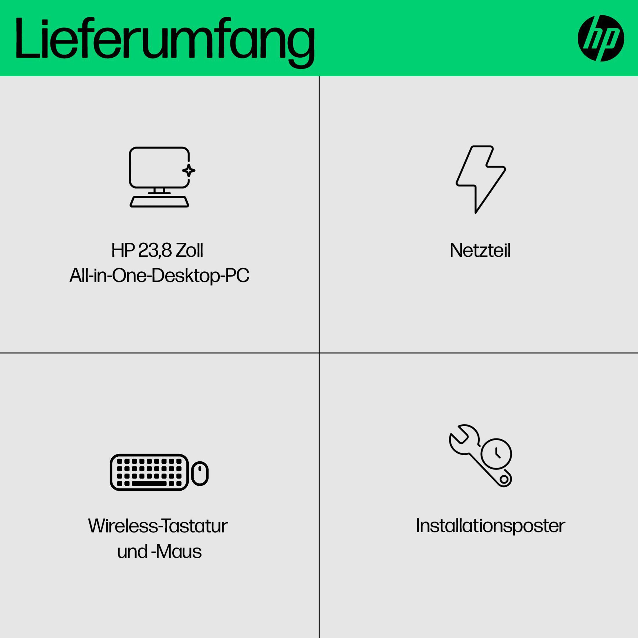 Infografik der enthaltenen Artikel: All-in-One-Desktop, Netzteil, Tastatur und Maus, Installationsposter.