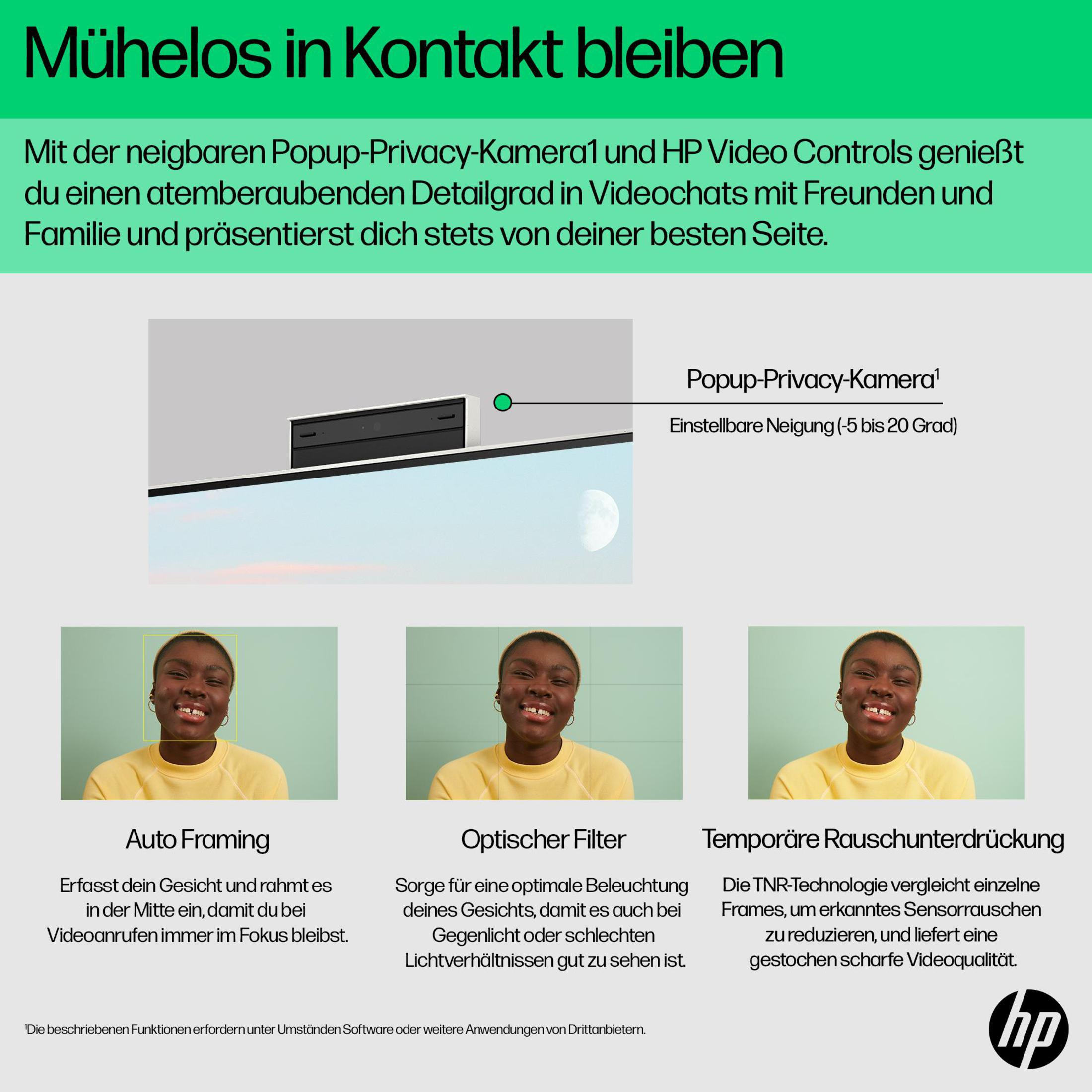 Bild mit Text über HP-Funktionen: Auto Framing, Optischer Filter und Temporale Rauschunterdrückung.
