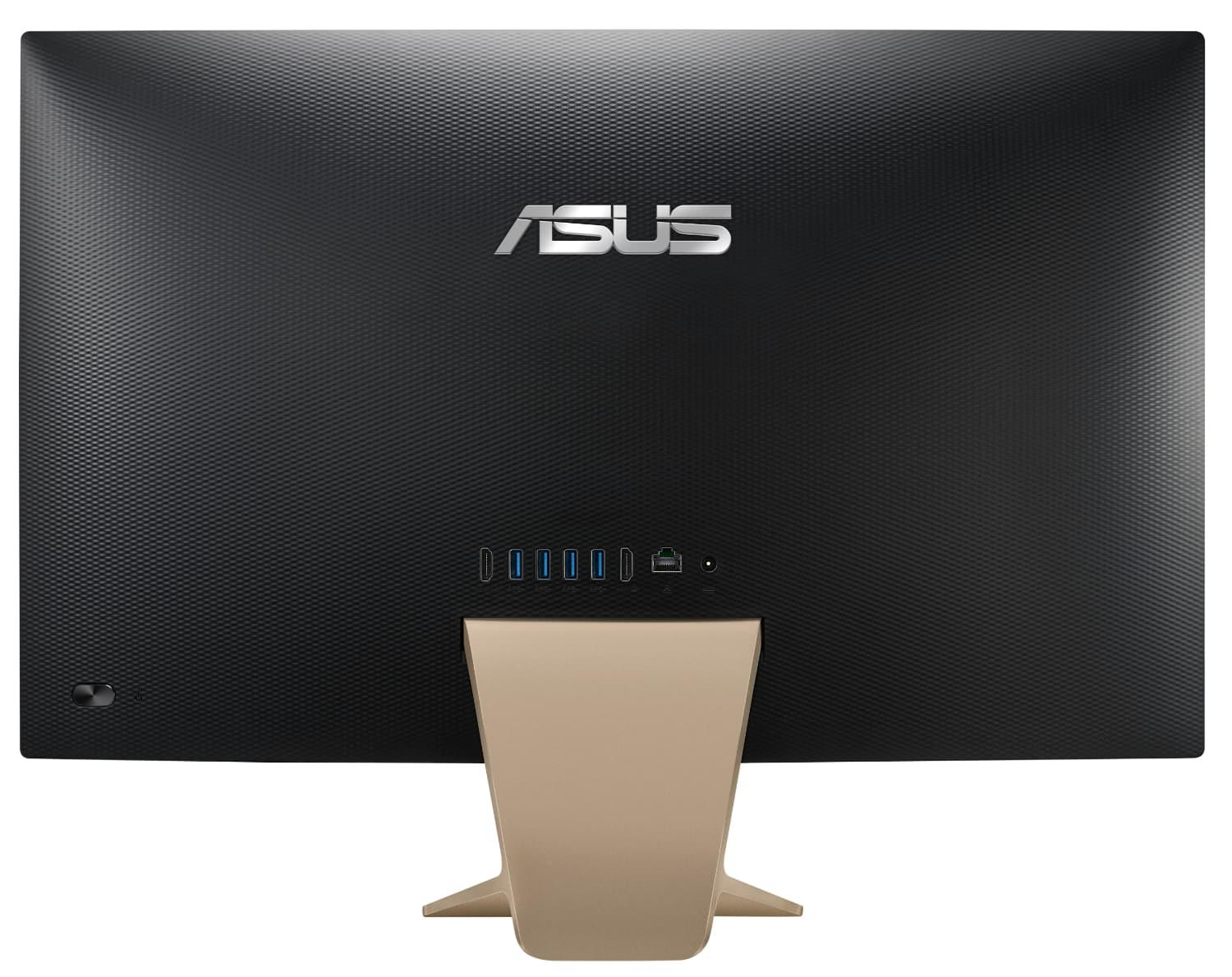 Rückansicht eines schwarzen ASUS-All-in-One-Computers. Goldener Ständer. Silbernes ASUS-Logo.