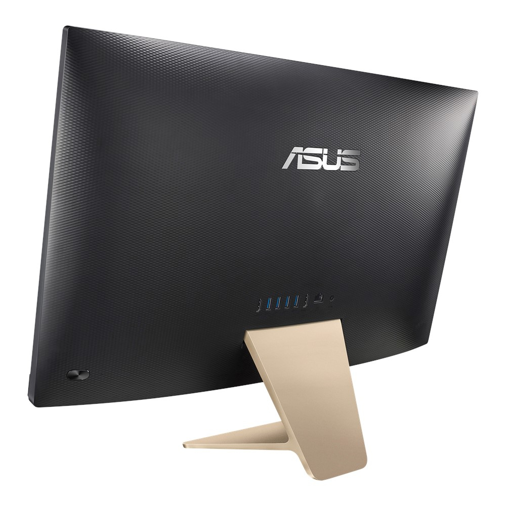 Rückseite eines Asus All-in-One-PCs. Schwarze strukturierte Rückseite, goldener Ständer.