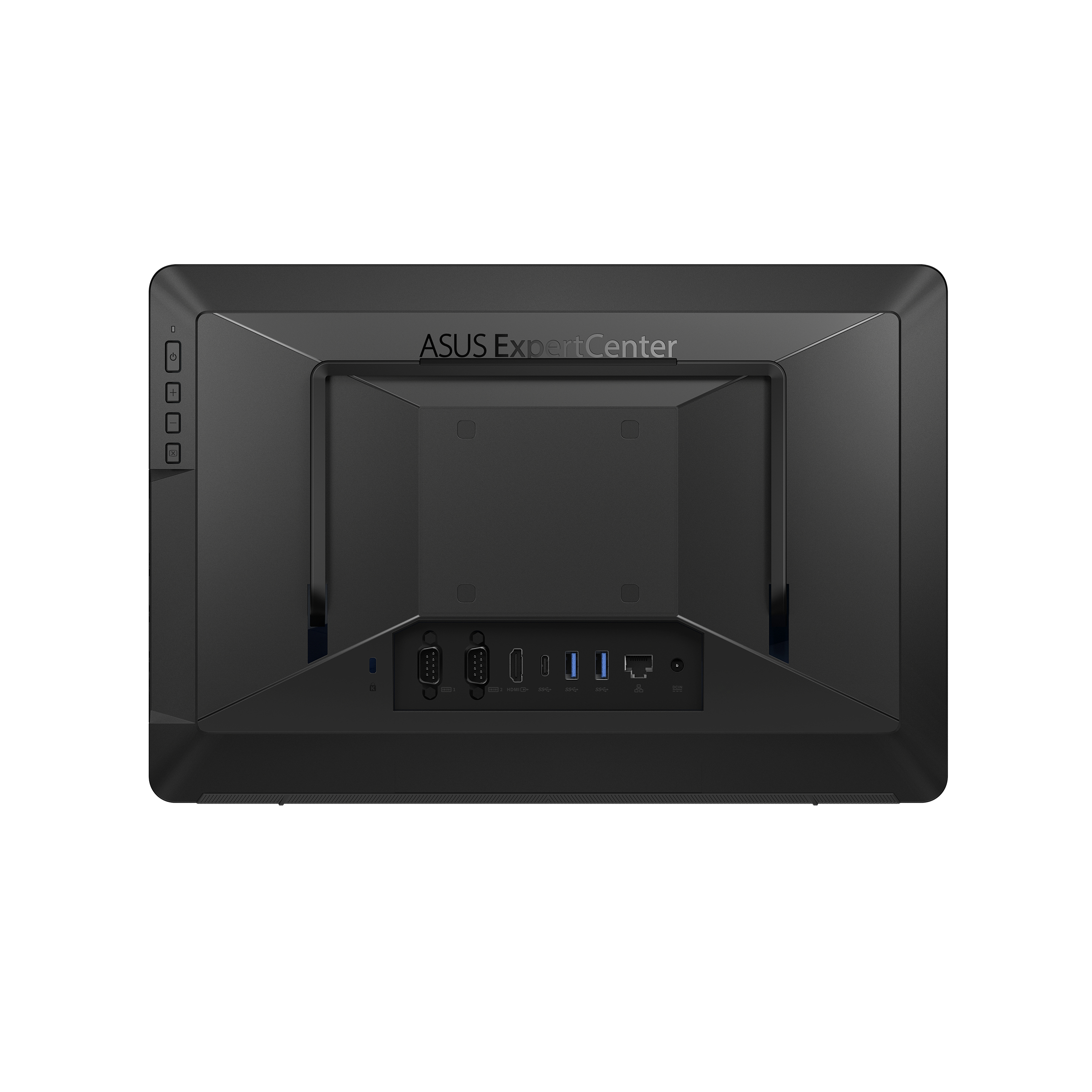 Il retro di un computer ASUS ExpertCenter nero, che mostra varie porte e connessioni.