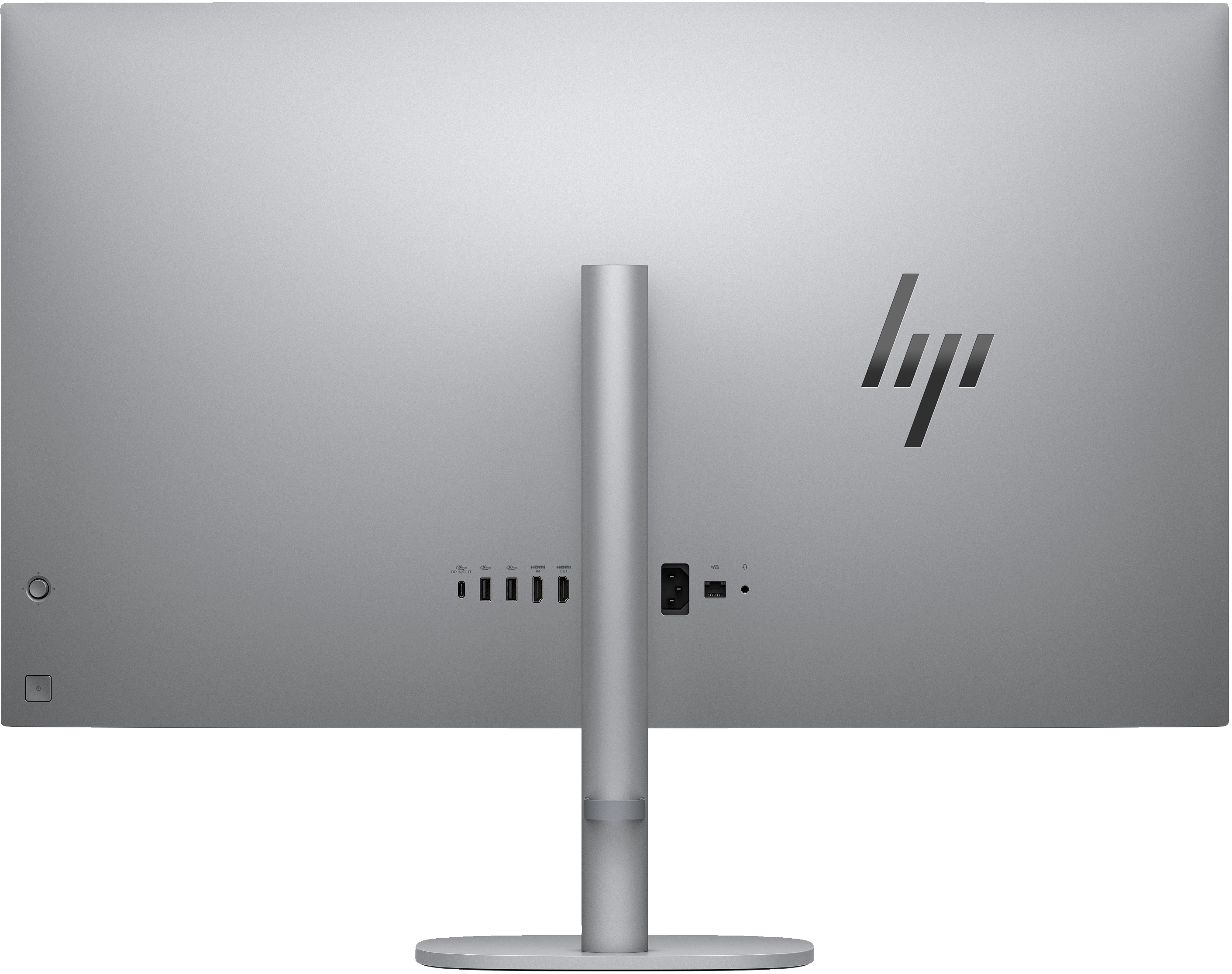 Back of a grey HP monitor. Ports are visible, with an HP logo on the upper right corner.