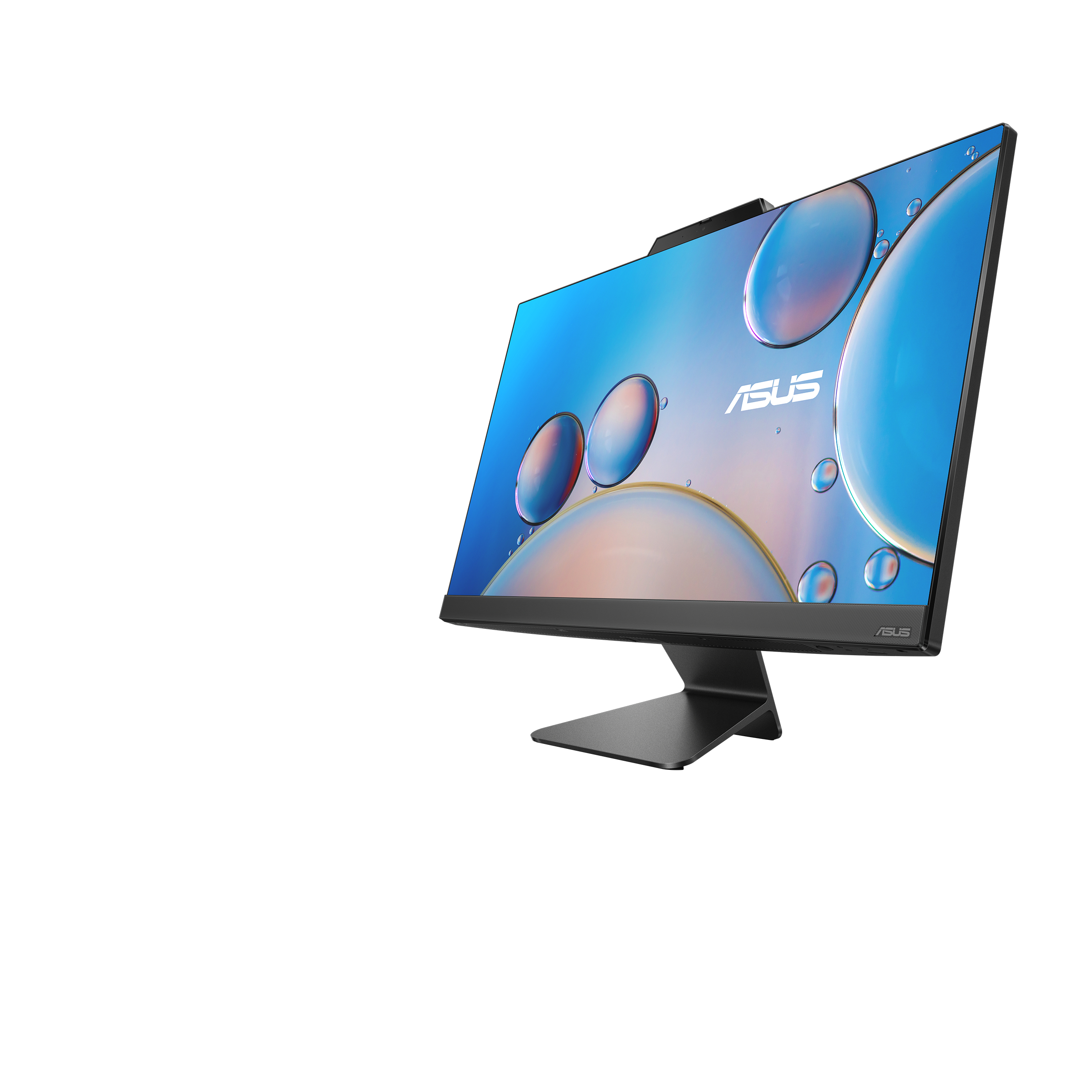 Ordenador ASUS todo en uno negro, vista en ángulo. La pantalla muestra burbujas y fondo azul.