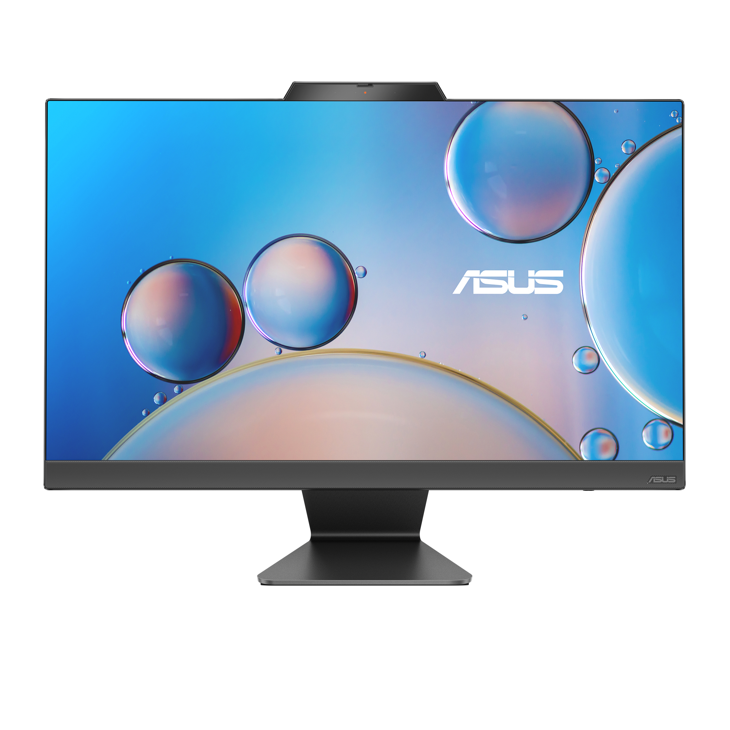 Monitor ASUS con un fondo azul y blanco con burbujas y el logotipo de ASUS.