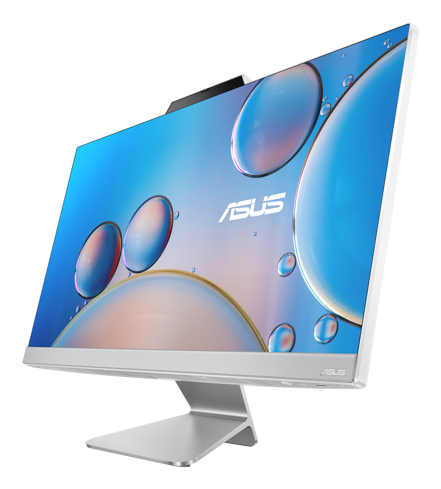 Biały komputer ASUS all-in-one. Wyświetlacz pokazuje niebiesko-biały wzór. Srebrna podstawa i kamera internetowa.