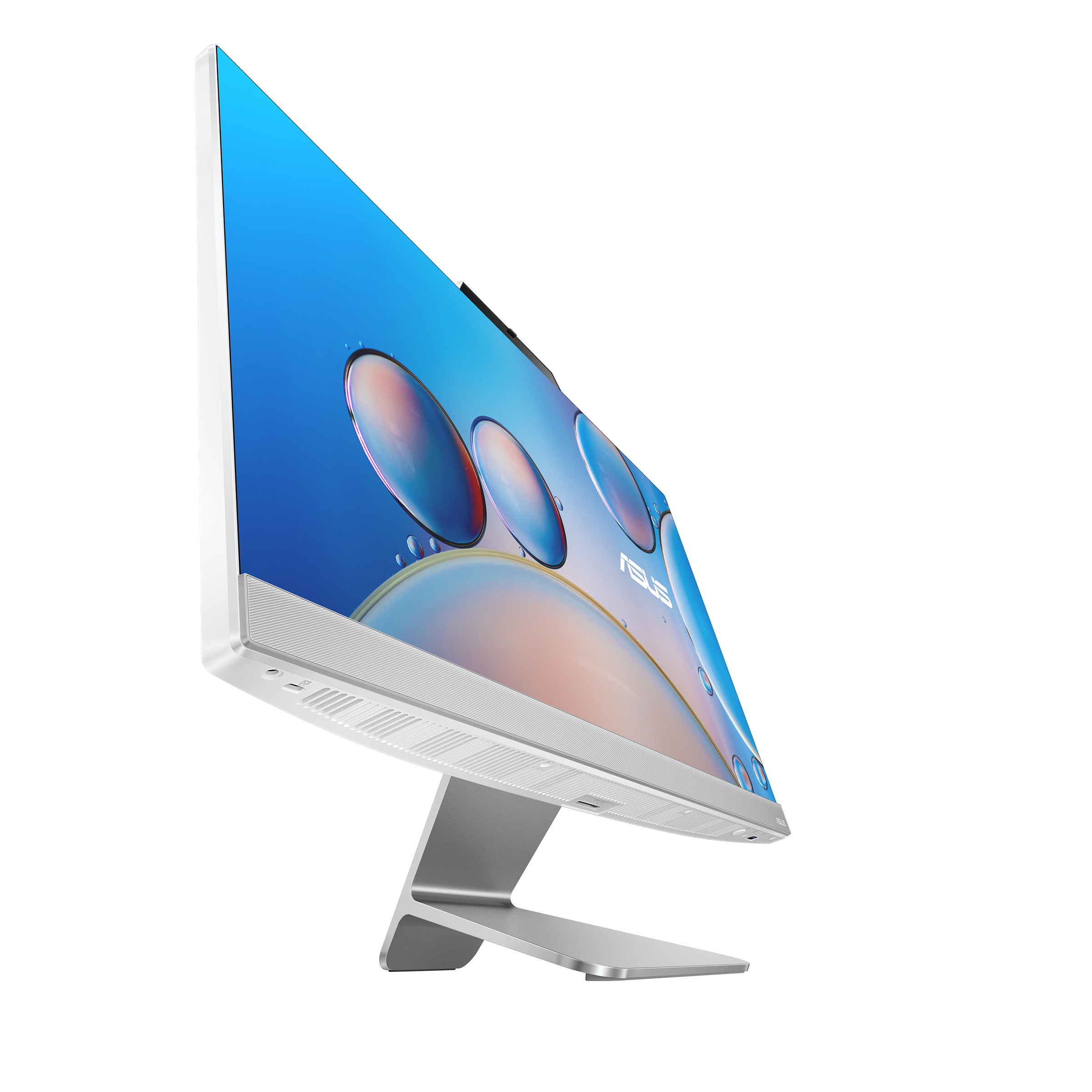 Monitor komputera z białą ramką i podstawą, wyświetlający niebieski obraz.