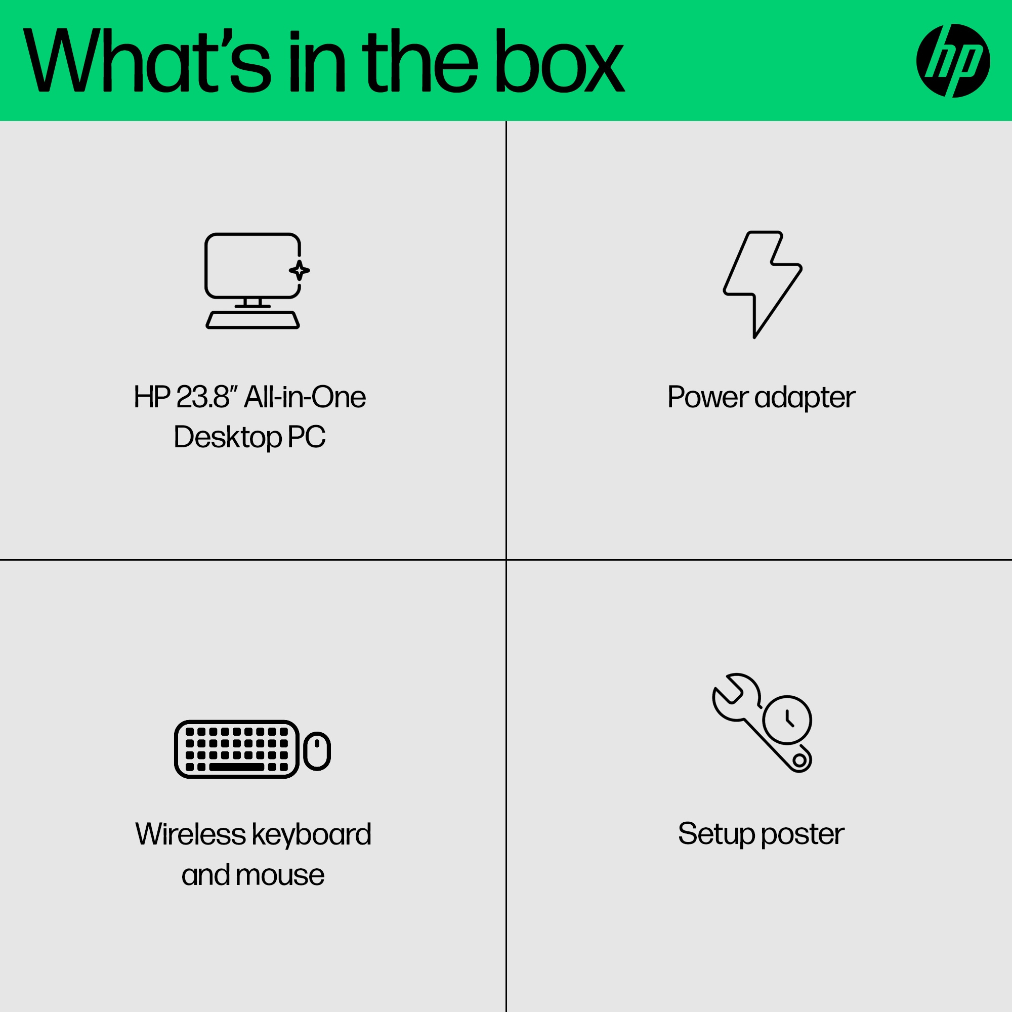 Contenuto della confezione: desktop HP all-in-one, adattatore di alimentazione, tastiera e mouse wireless e un poster di configurazione.