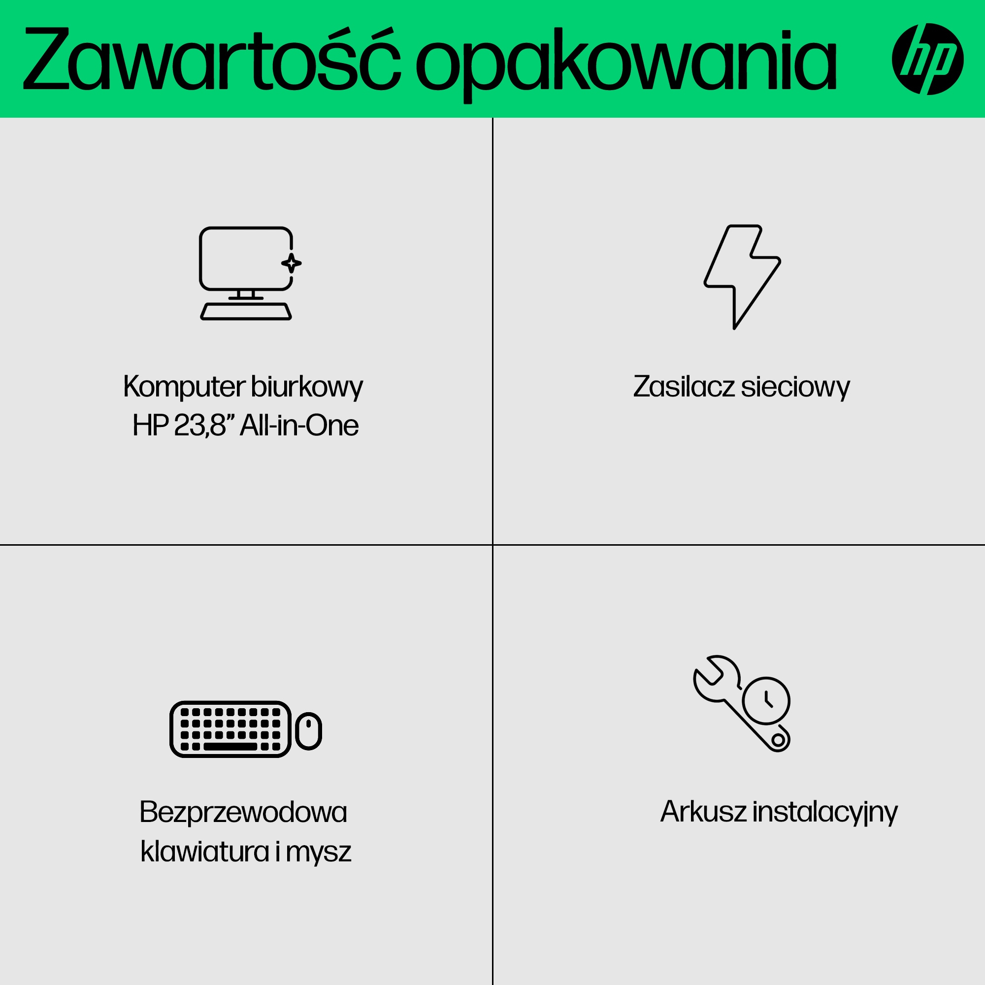 Pudełko produktu HP z ikonami i tekstem w języku polskim, pokazujące zawartość: komputer, zasilacz, klawiatura i mysz.