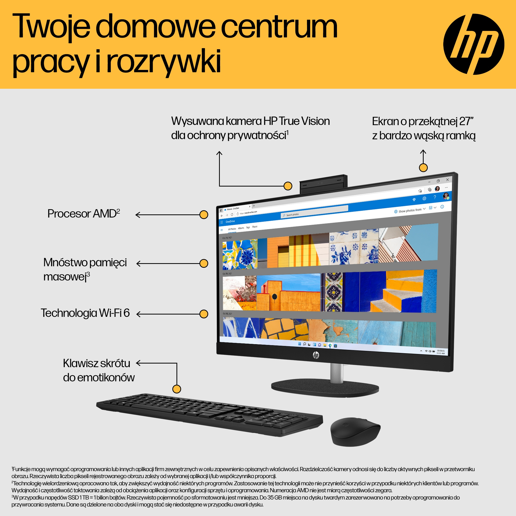 Monitor komputera z klawiaturą, myszą i kamerą internetową. Tekst w języku polskim.