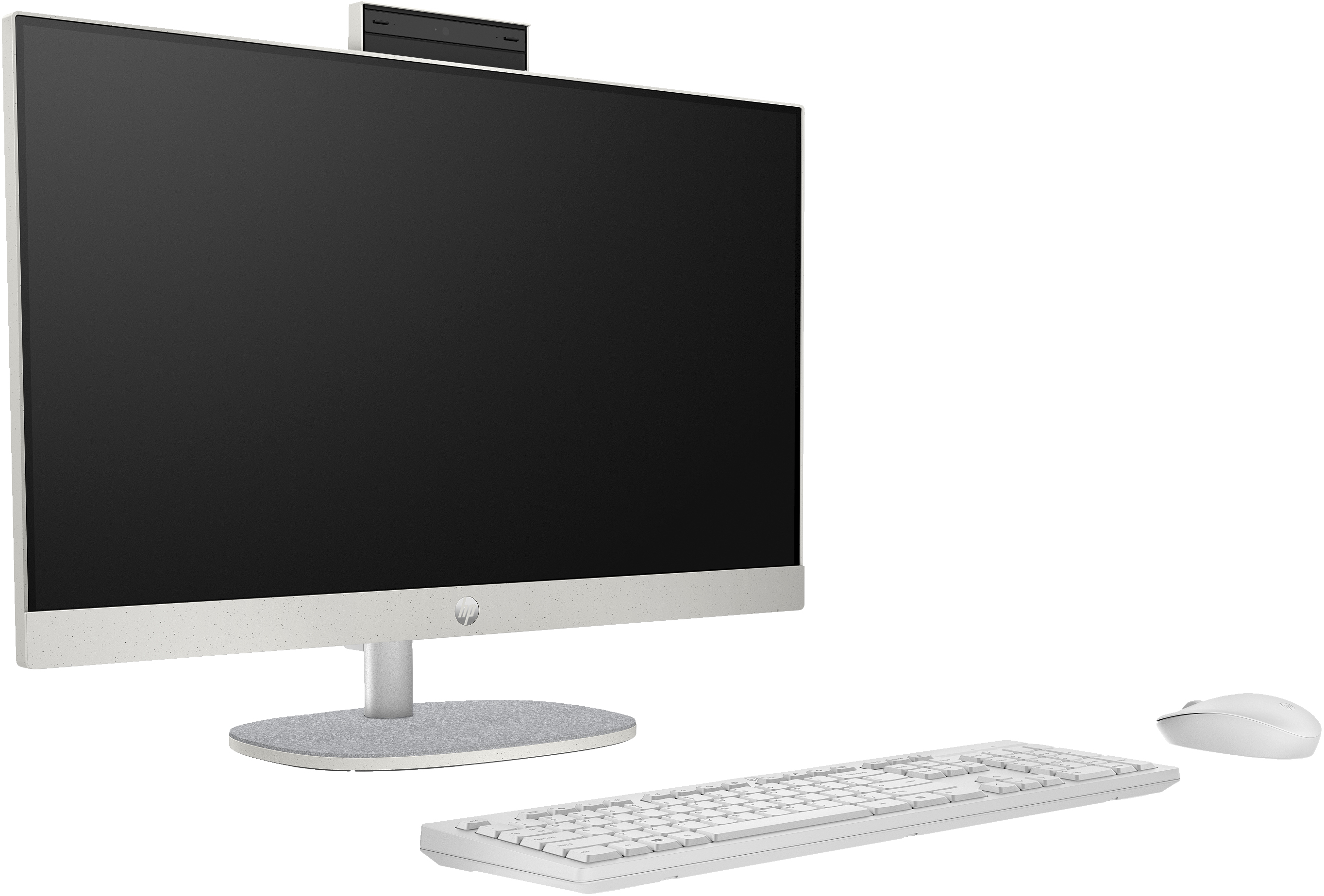 Ein weißes All-in-One-Computer-Setup, einschließlich Monitor, Tastatur, Maus und Webcam.