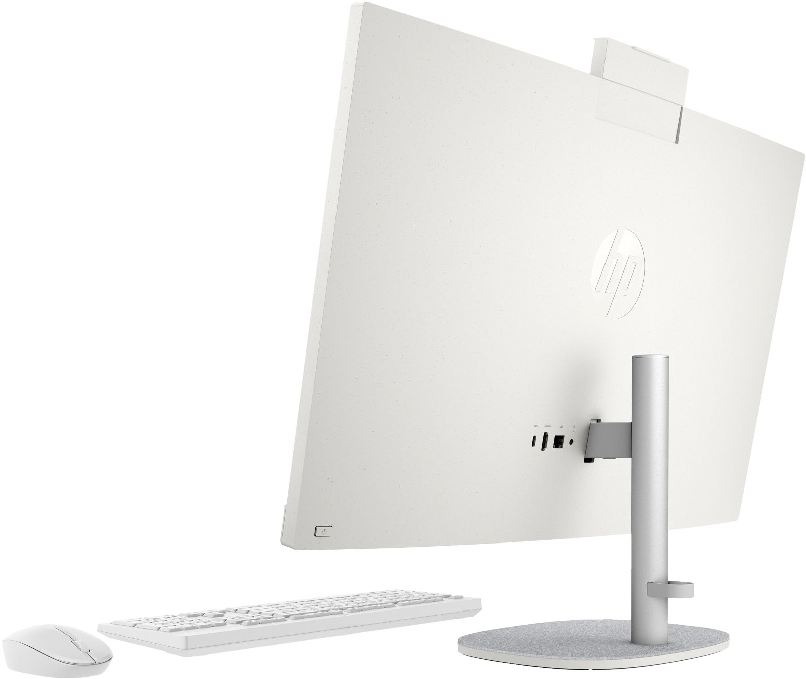Vista posteriore del computer HP all-in-one bianco con tastiera e mouse. Le porte sono visibili.