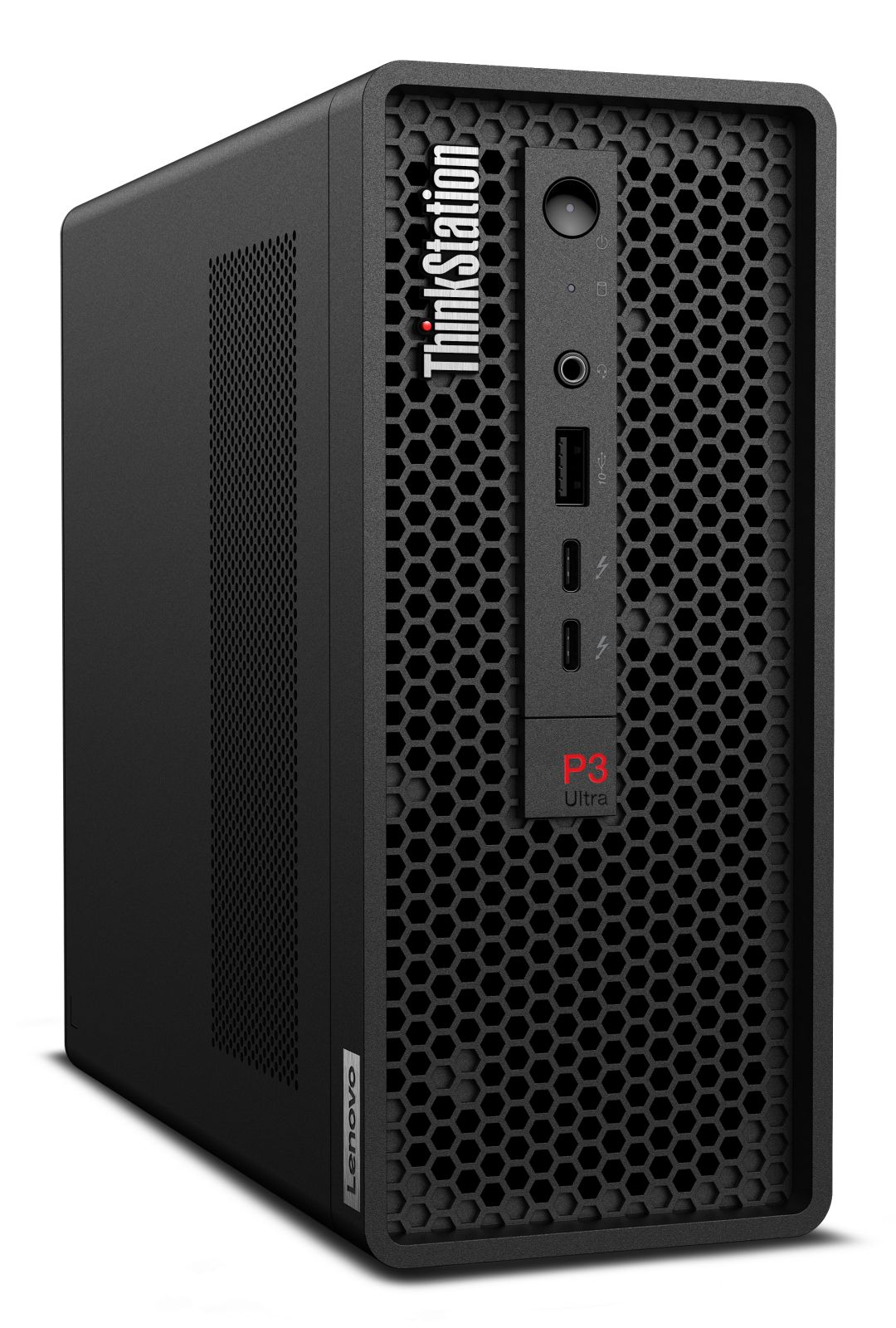 Schwarzer Lenovo ThinkStation P3 Ultra Desktop-Computer. Er hat eine wabenförmige Front und Lenovo-Branding. Weißer Hintergrund.