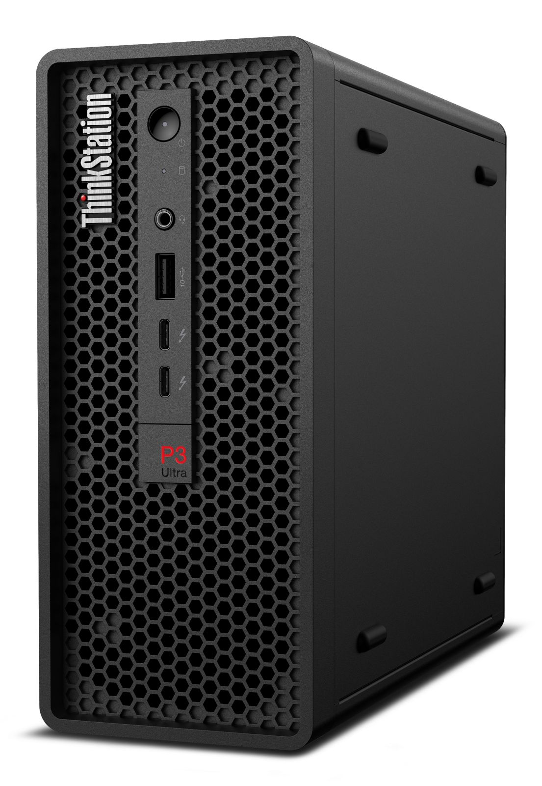 Schwarzer Desktop-Computer-Tower mit Waben-Mesh-Frontplatte und dem ThinkStation-Logo.
