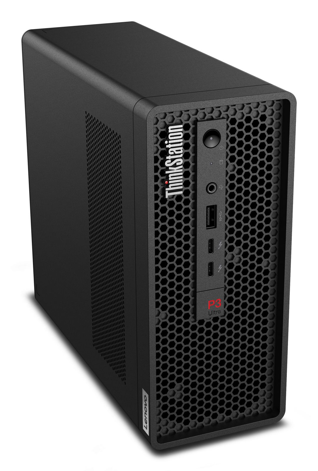 Schwarzer Lenovo ThinkStation P3 Ultra PC. Vorderansicht mit Anschlüssen und ThinkStation-Logo. Mesh-Design vorne.