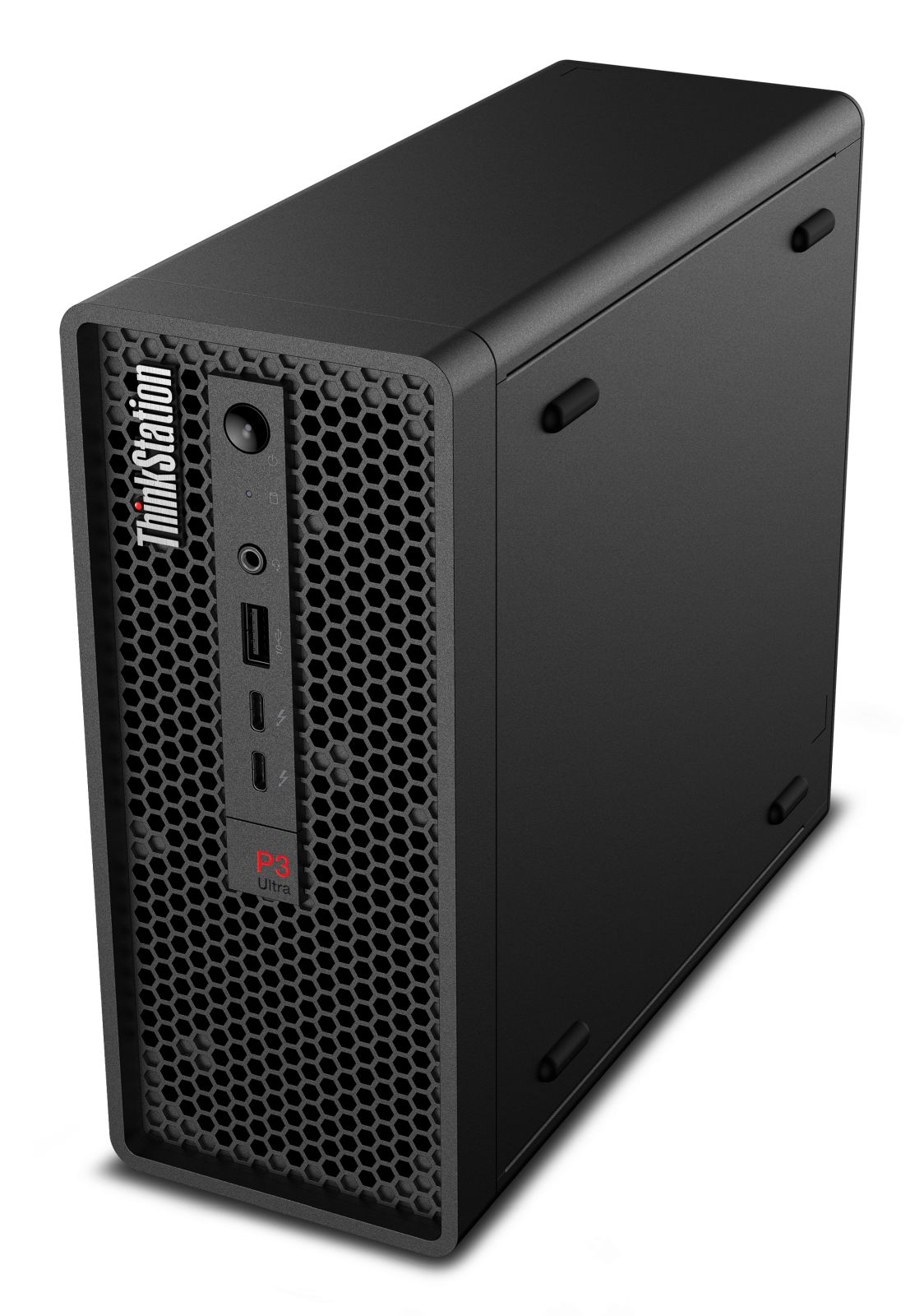 Schwarzer Desktop-Computer-Tower mit dem Text ThinkStation und P3 Ultra. Die Vorderseite hat ein Mesh-Design.