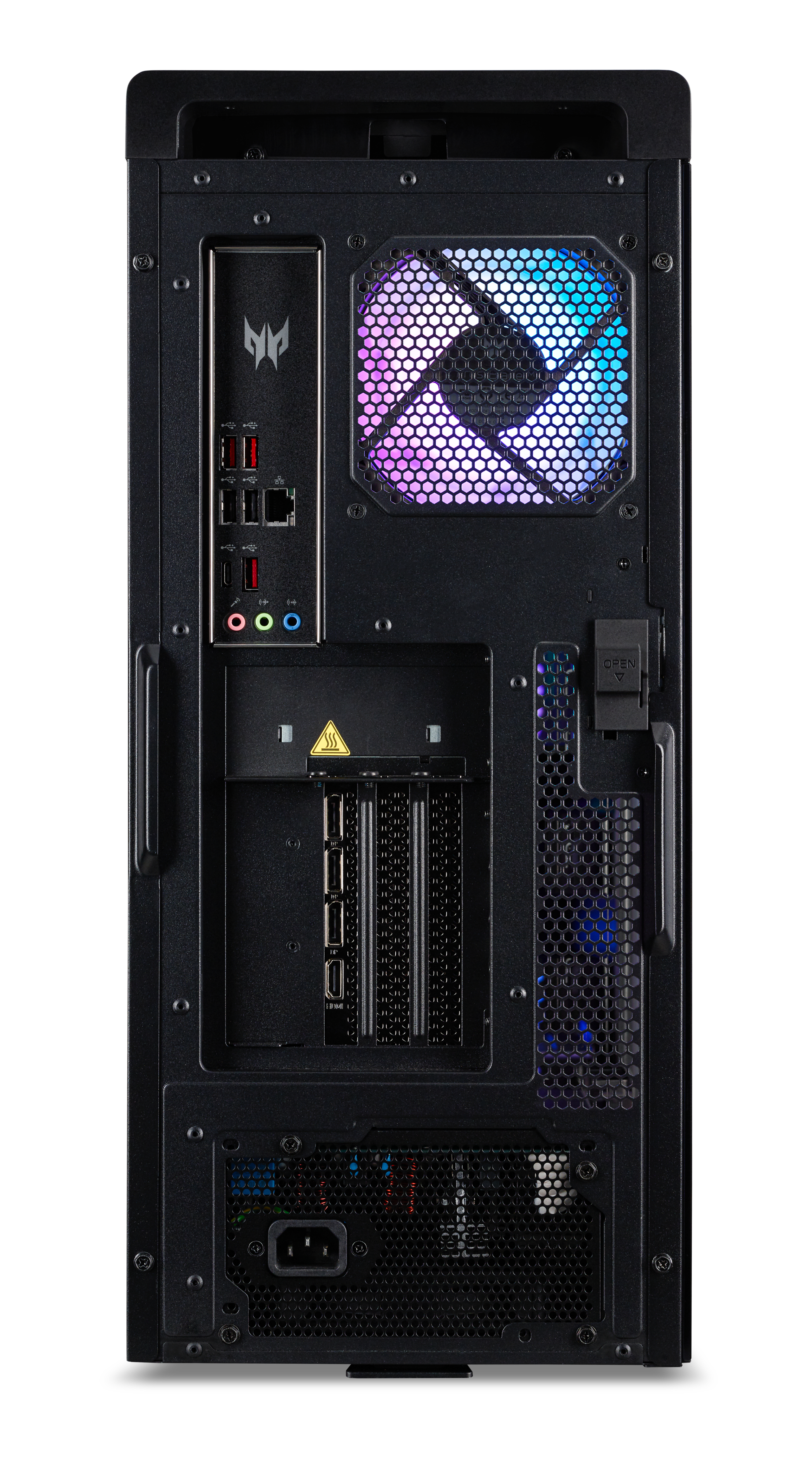 Widok z tyłu czarnej obudowy komputera z portami i wentylatorem z kolorowymi światłami.