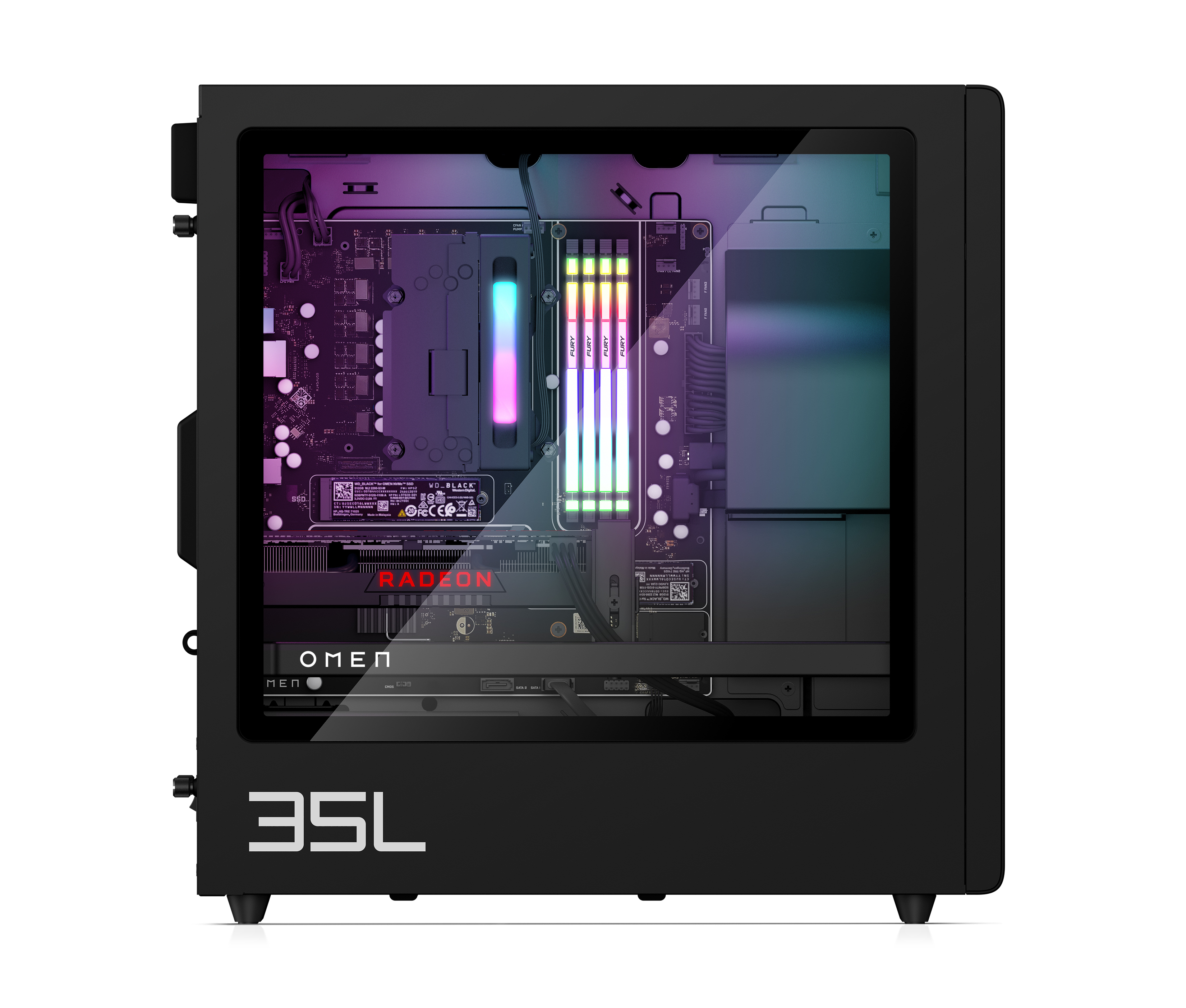 Black OMEN PC case with glass panel. Interior components are visible, including a Radeon graphics card.