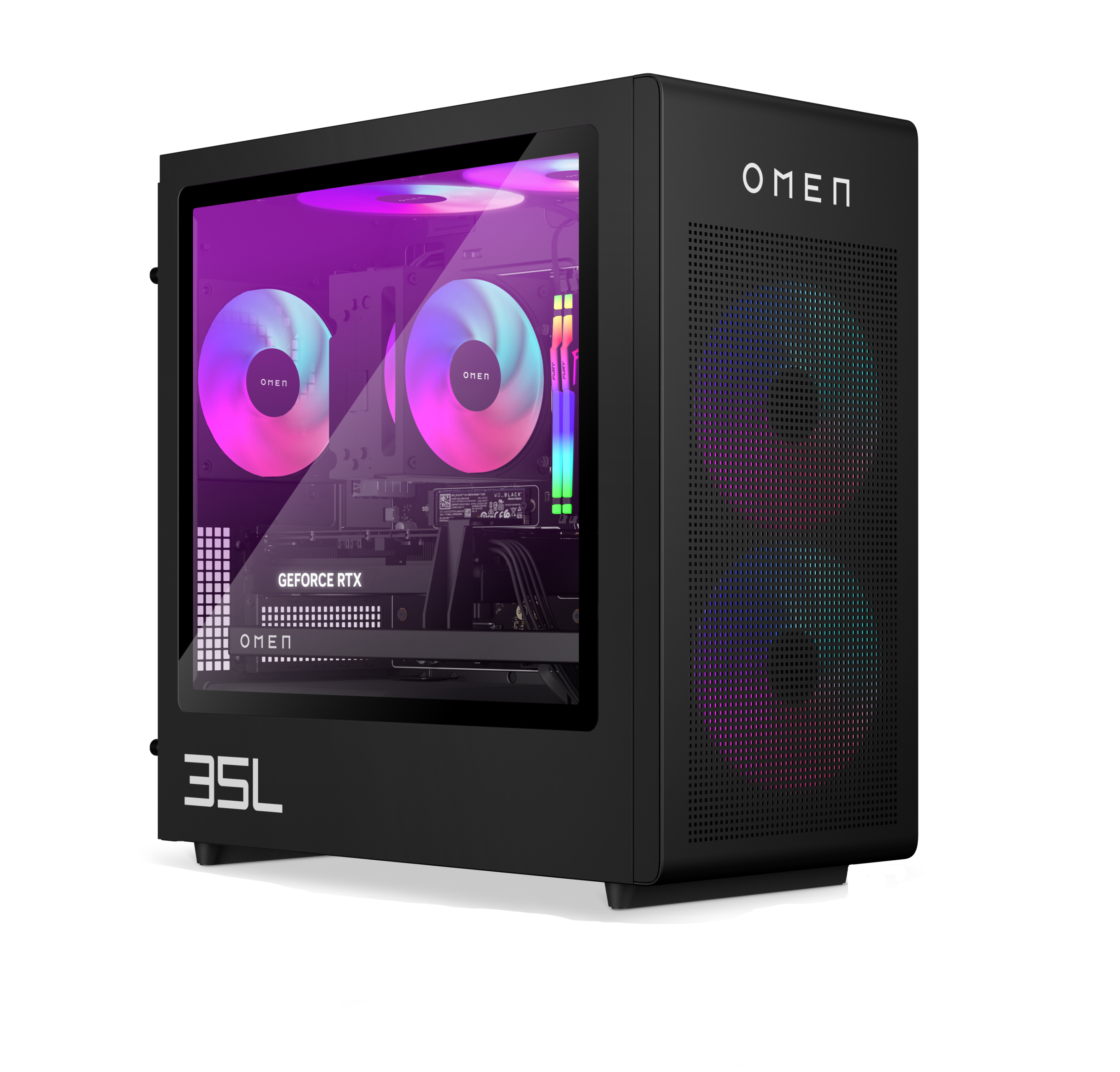 Black desktop computer case with a glass side panel. It has colorful lights inside.