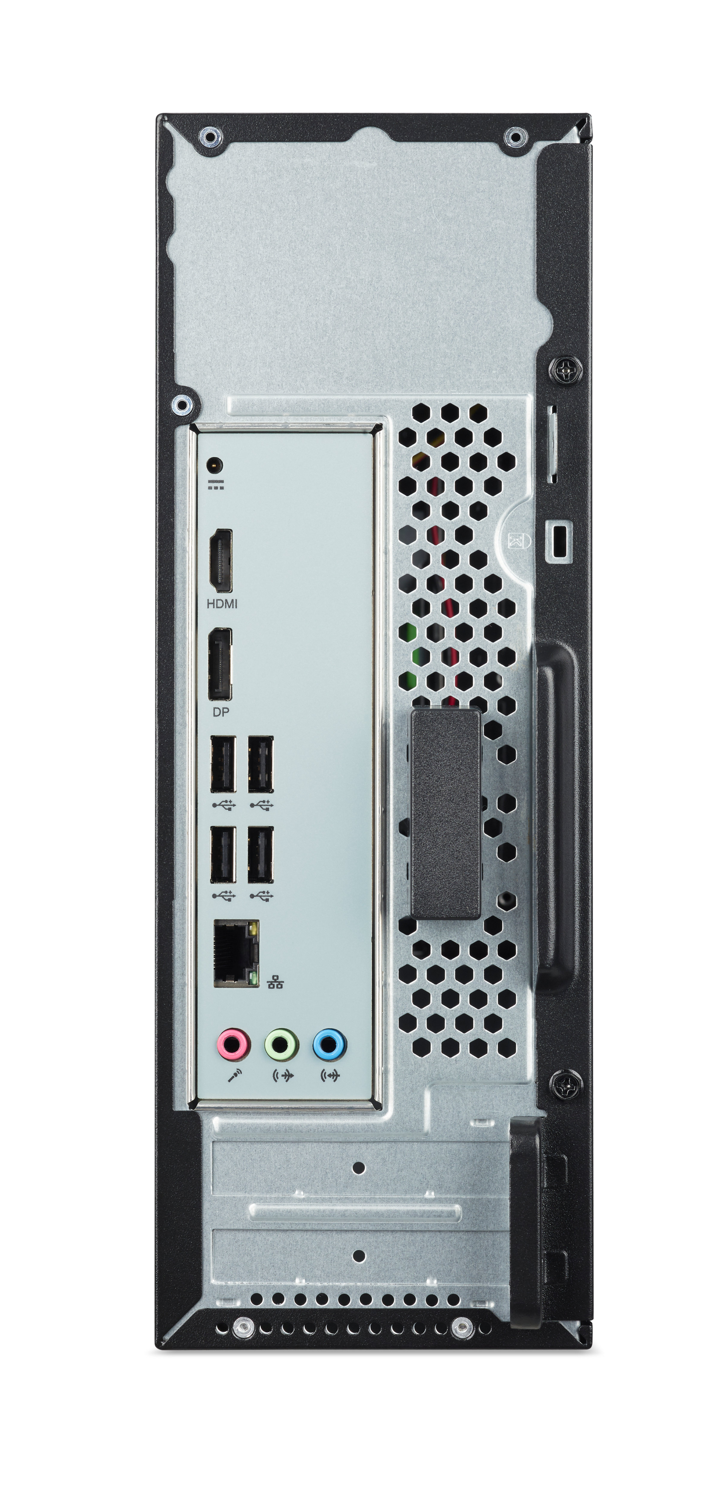 Tył komputera z portami, w tym HDMI, DP i USB.