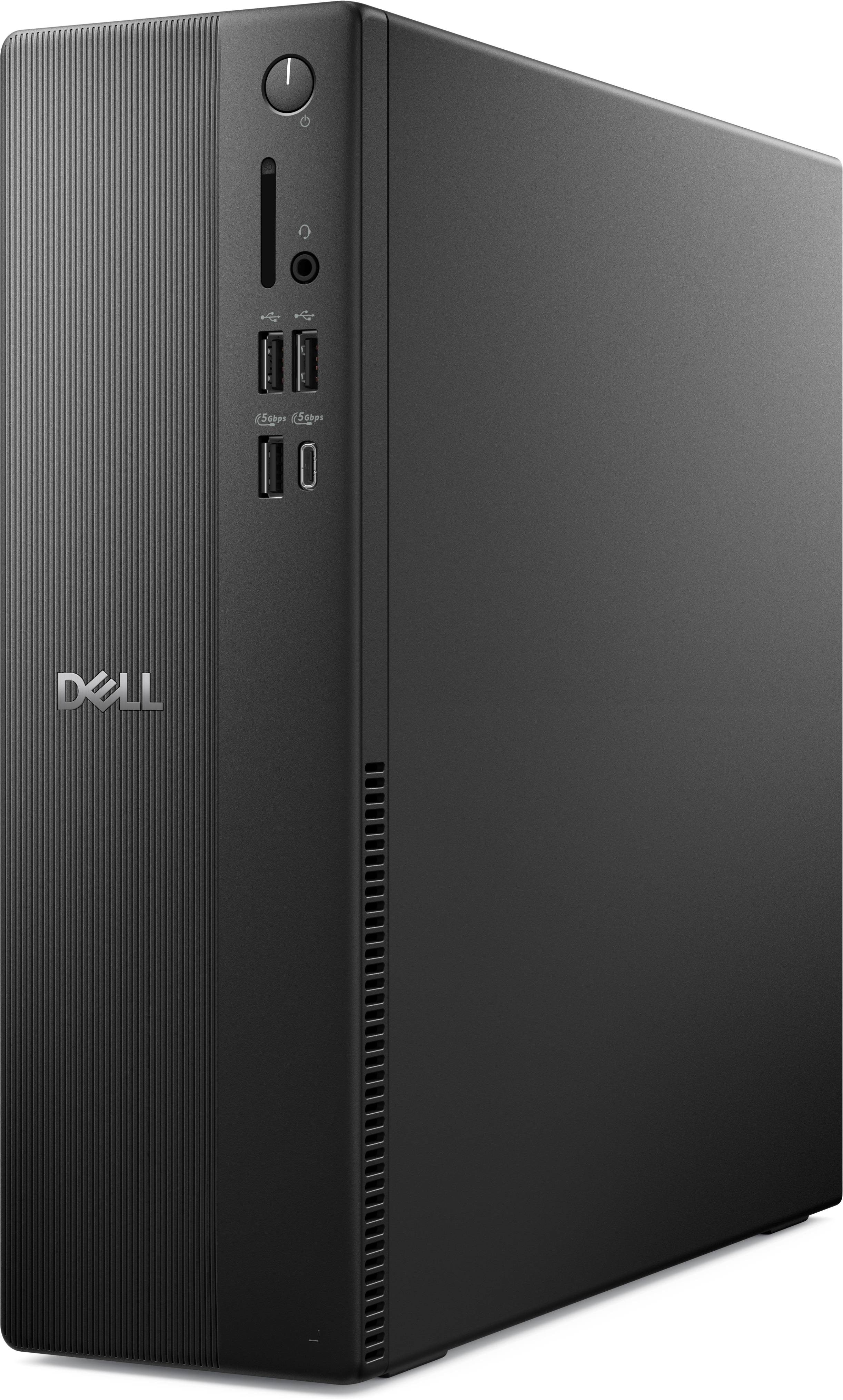 Un computer desktop Dell nero. È una torre alta e verticale con porte e un pulsante di accensione.