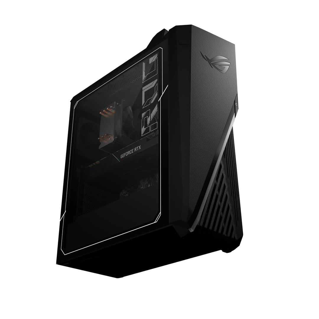 Schwarzer Desktop-Tower mit ROG-Logo, abgewinkeltem Design, Glaspanel und internen Komponenten.