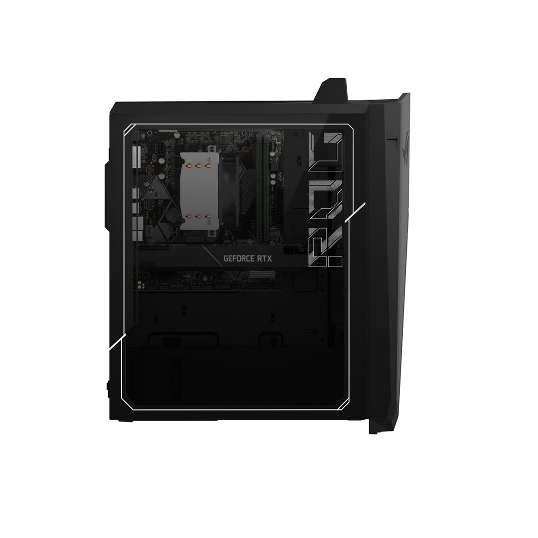 Schwarzes PC-Gehäuse, geöffnet, um interne Komponenten wie einen Kühler und ein Motherboard zu zeigen. Das Gehäuse hat eine Glasseite.