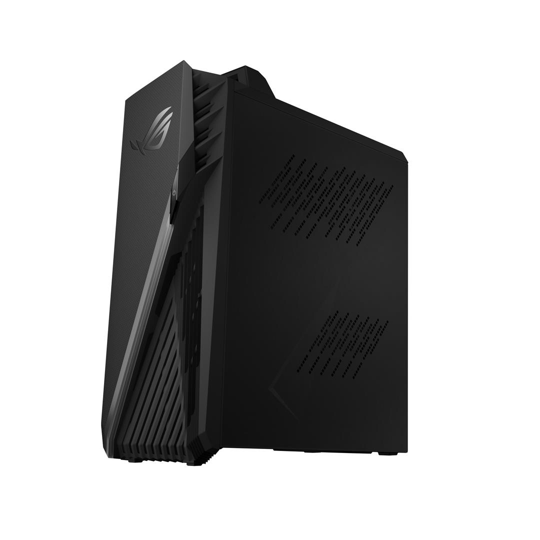 Schwarzes Computergehäuse mit ROG-Logo, schräge Ansicht. Perforierte Seite und Front. Weißer Hintergrund.