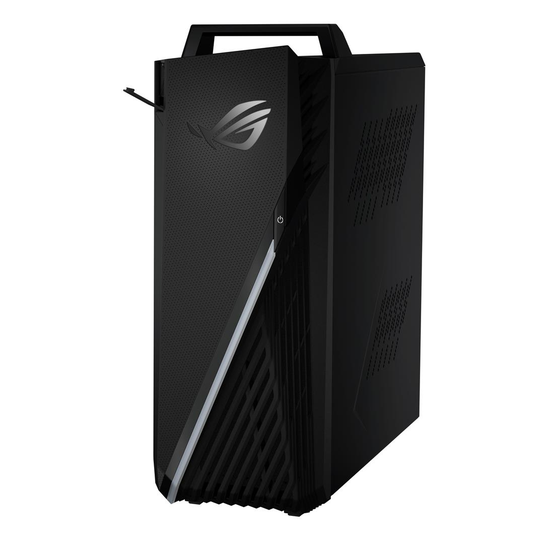 Schwarzes ROG PC-Gehäuse mit Griff. Es hat das ROG-Logo und ein diagonales Design mit Belüftung.
