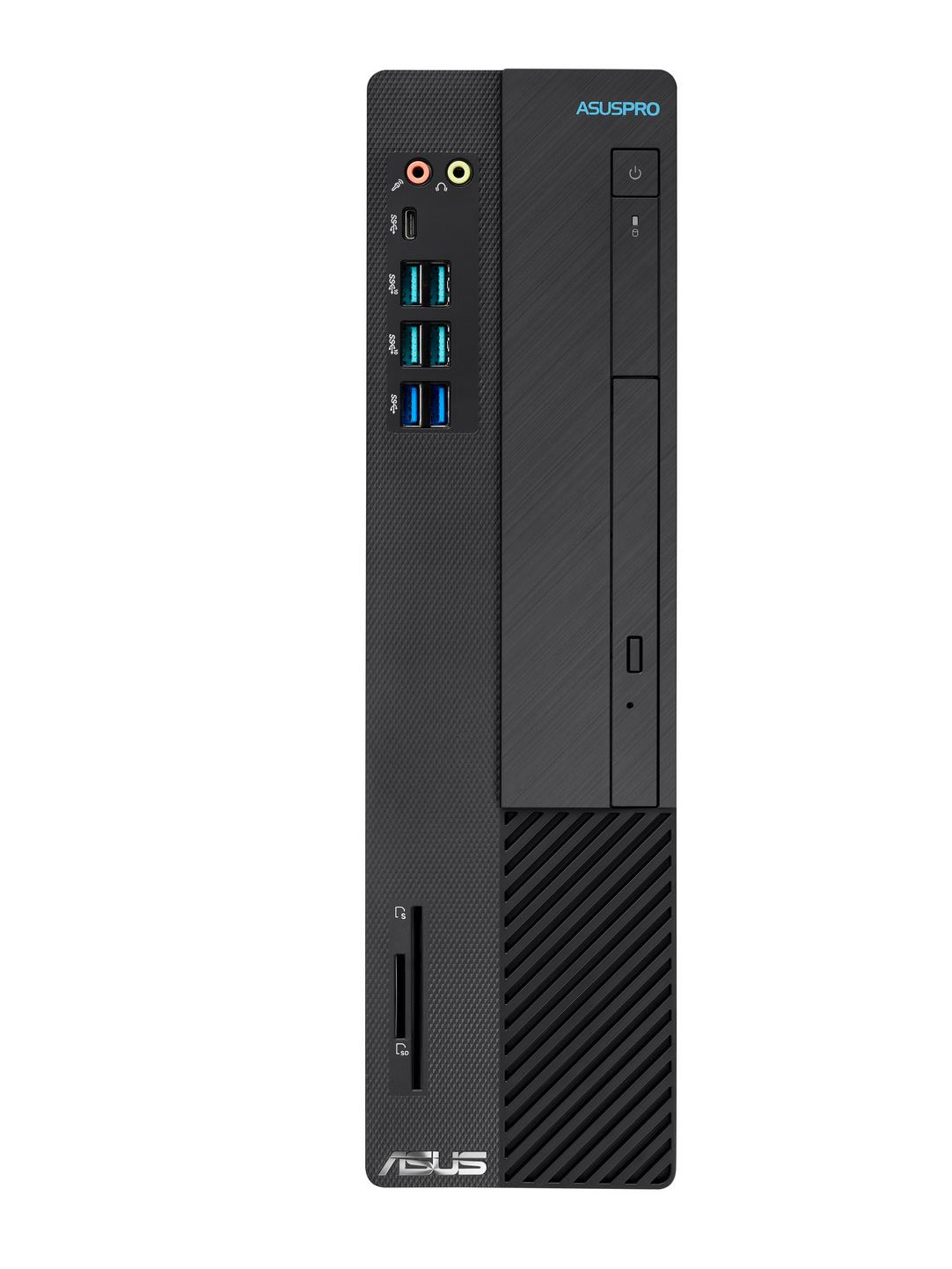 Schwarzer ASUSPRO-Computer mit USB-Anschlüssen, SD-Kartensteckplatz und CD-Laufwerk. Vertikales Design.