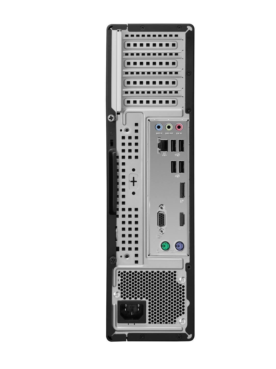 Rückseite eines schwarzen Desktop-Computers mit verschiedenen Anschlüssen und einem Stromanschluss.