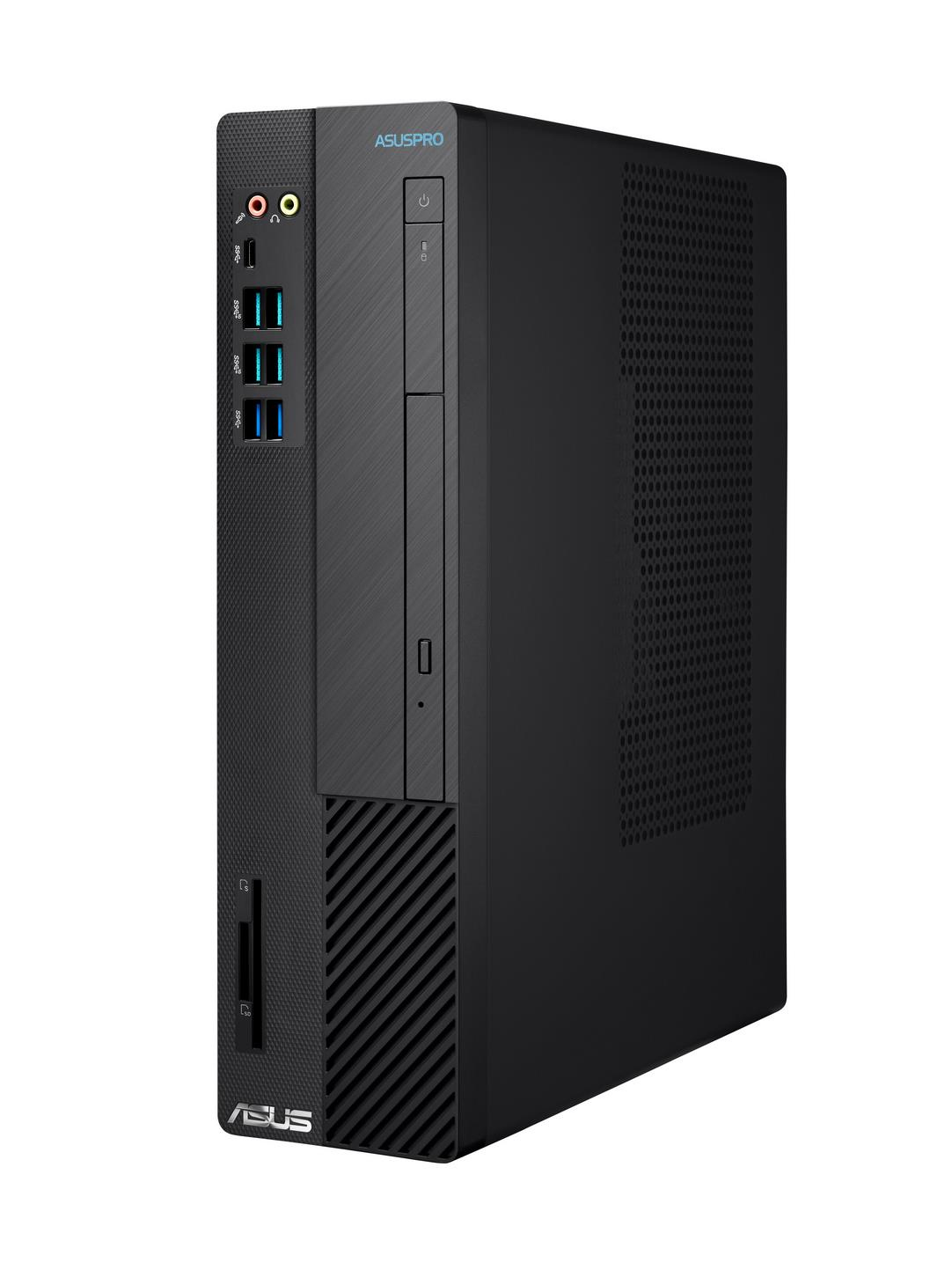 Schwarzer AsusPro-Desktop-Computer. Verfügt über ein CD-Laufwerk, USB-Anschlüsse und Audioanschlüsse.