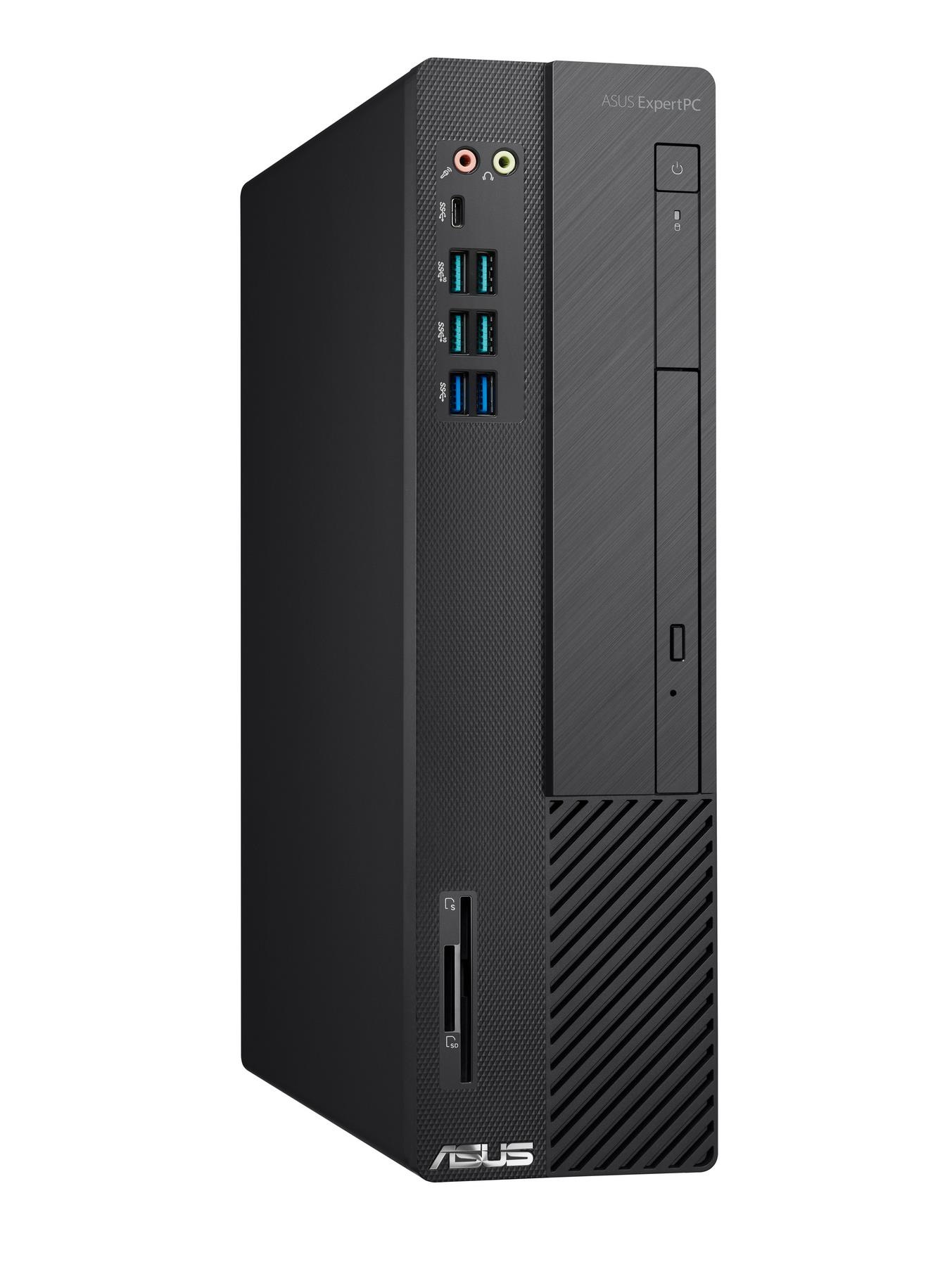 Schwarzer ASUS ExpertPC Desktop-Computer mit Frontanschlüssen, ASUS-Logo und strukturiertem Design.