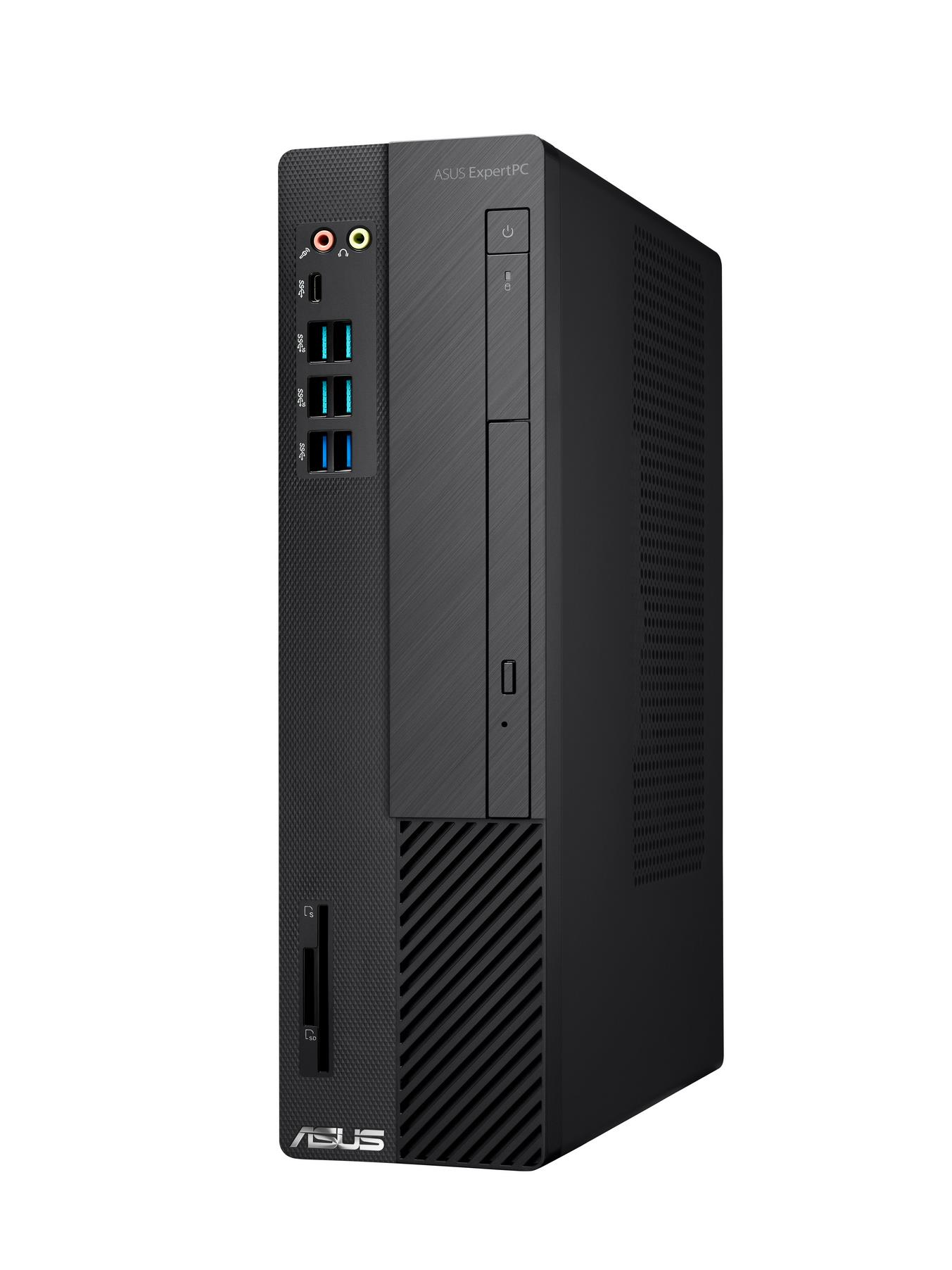 Schwarzer ASUS ExpertPC-Computer mit USB-Anschlüssen, SD-Kartensteckplatz und CD-Laufwerk. Vertikales Design.