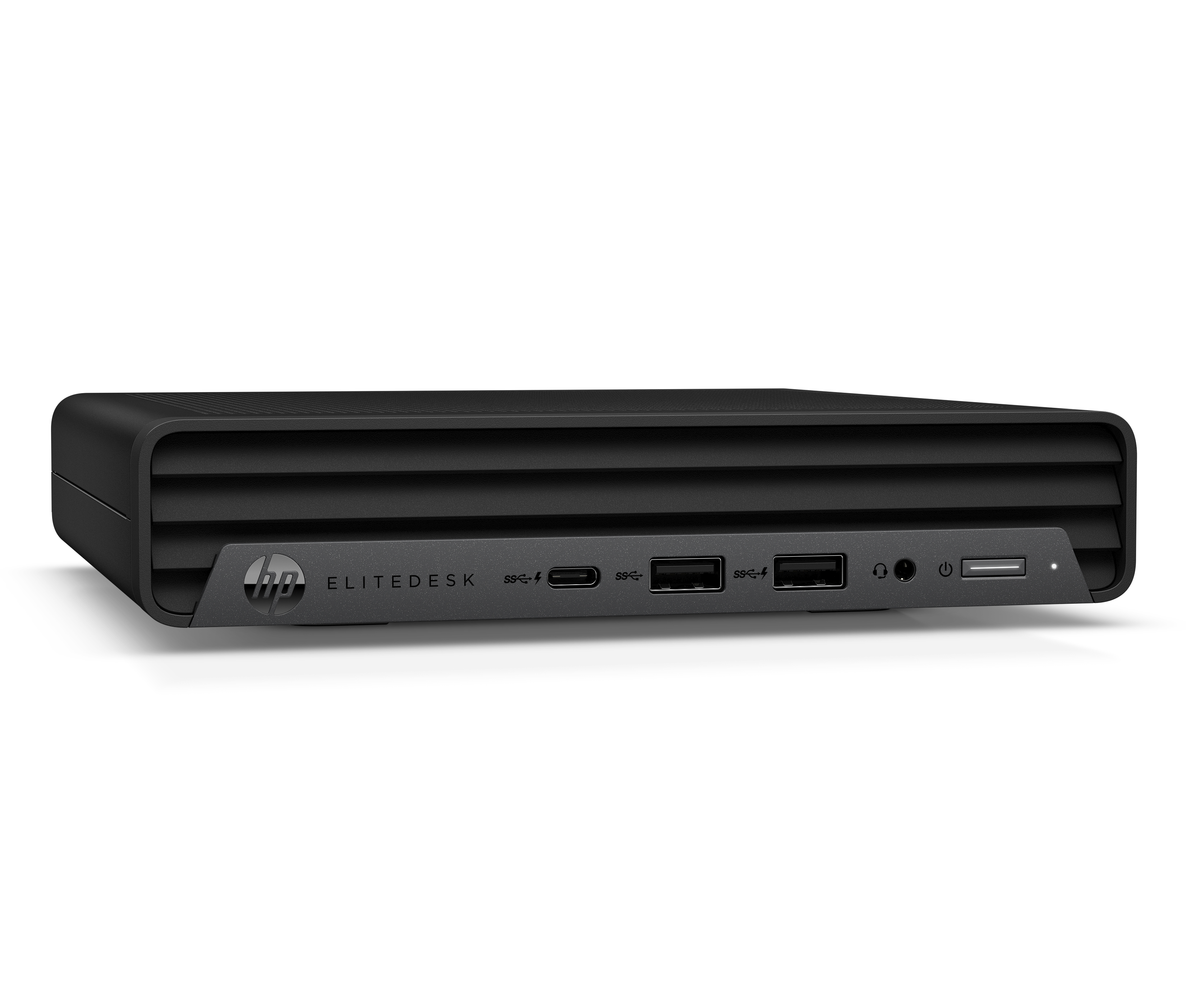 Computer desktop HP EliteDesk nero. È piccolo e rettangolare con porte USB e un logo HP sulla parte anteriore.