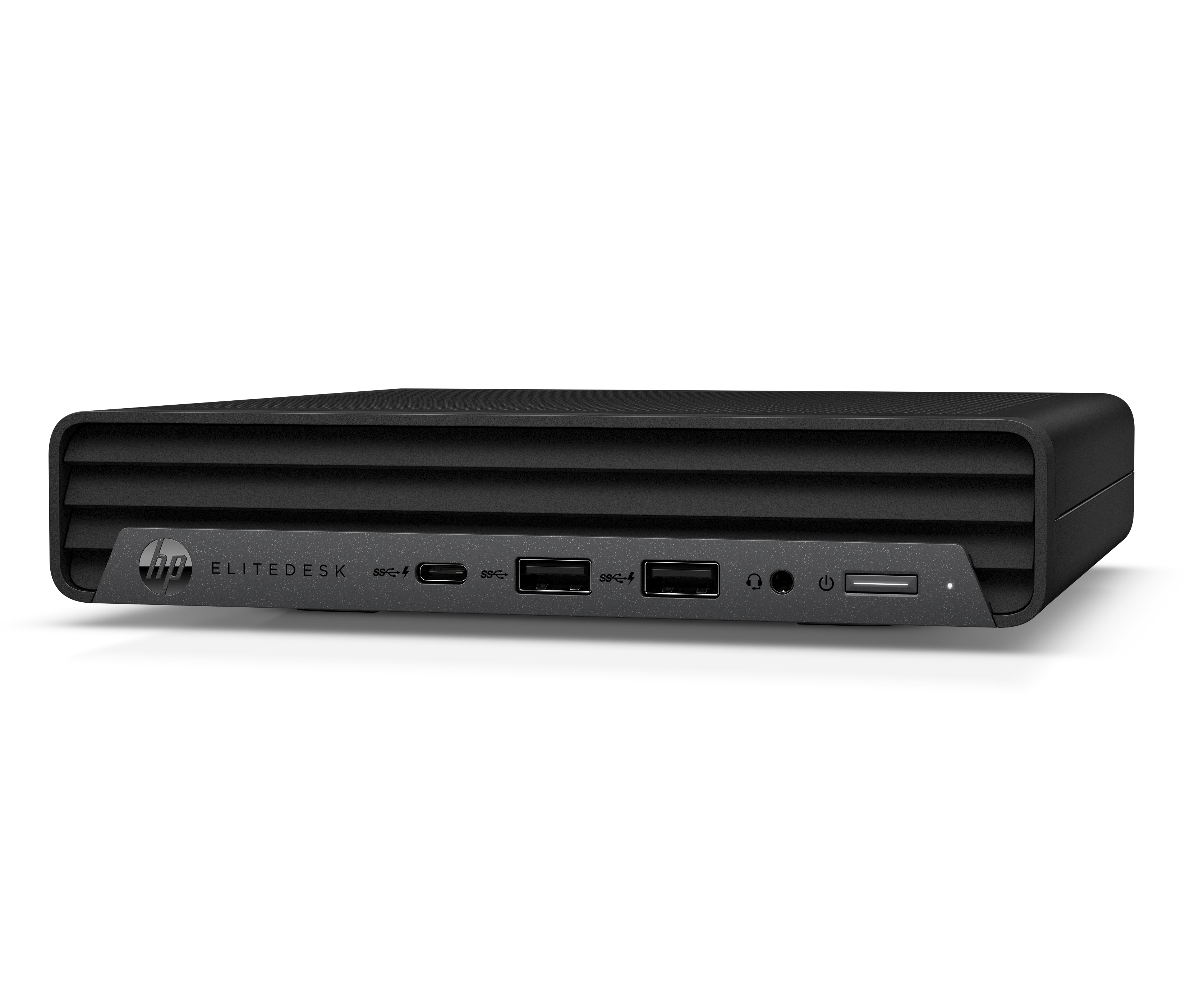 Computer desktop HP EliteDesk nero. Ha porte USB e un logo HP sulla parte anteriore ed è rettangolare.