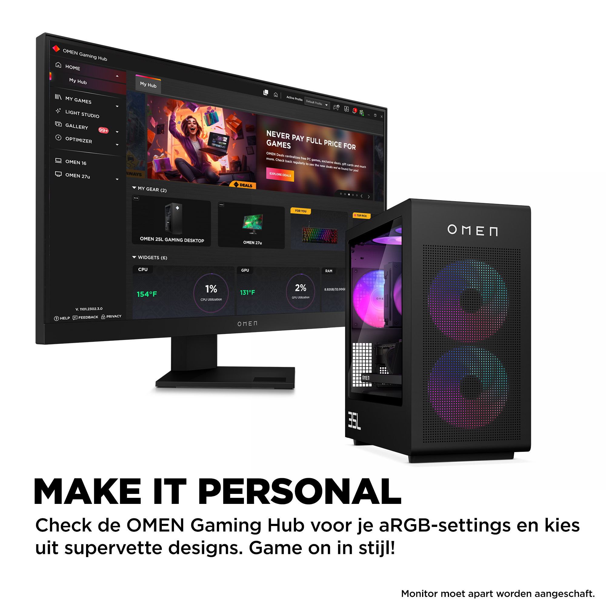 Gaming setup: Black OMEN PC with monitor displaying game interface. Text: Make it Personal.