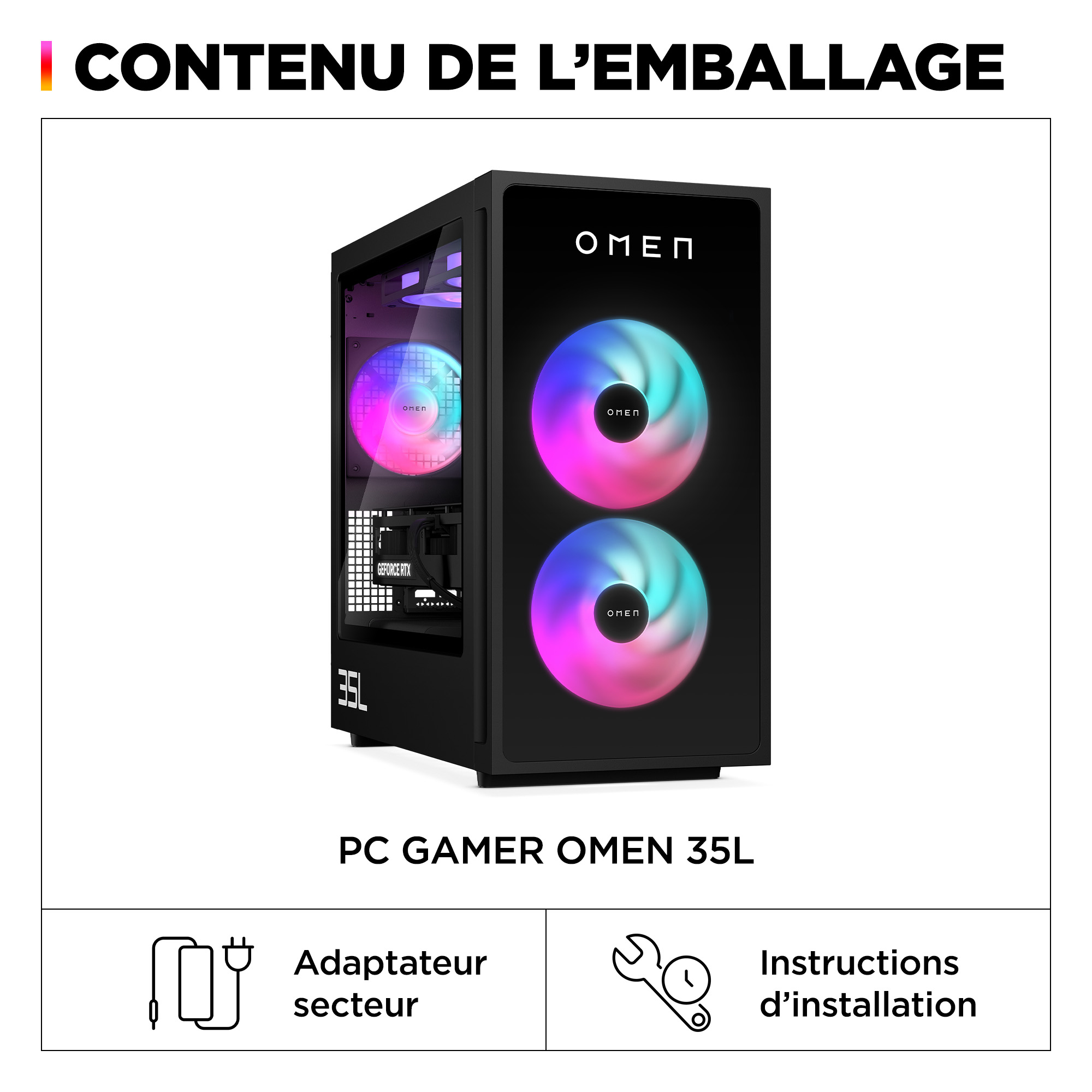 Black OMEN PC gaming case with illuminated fan, power adapter and installation instructions included.