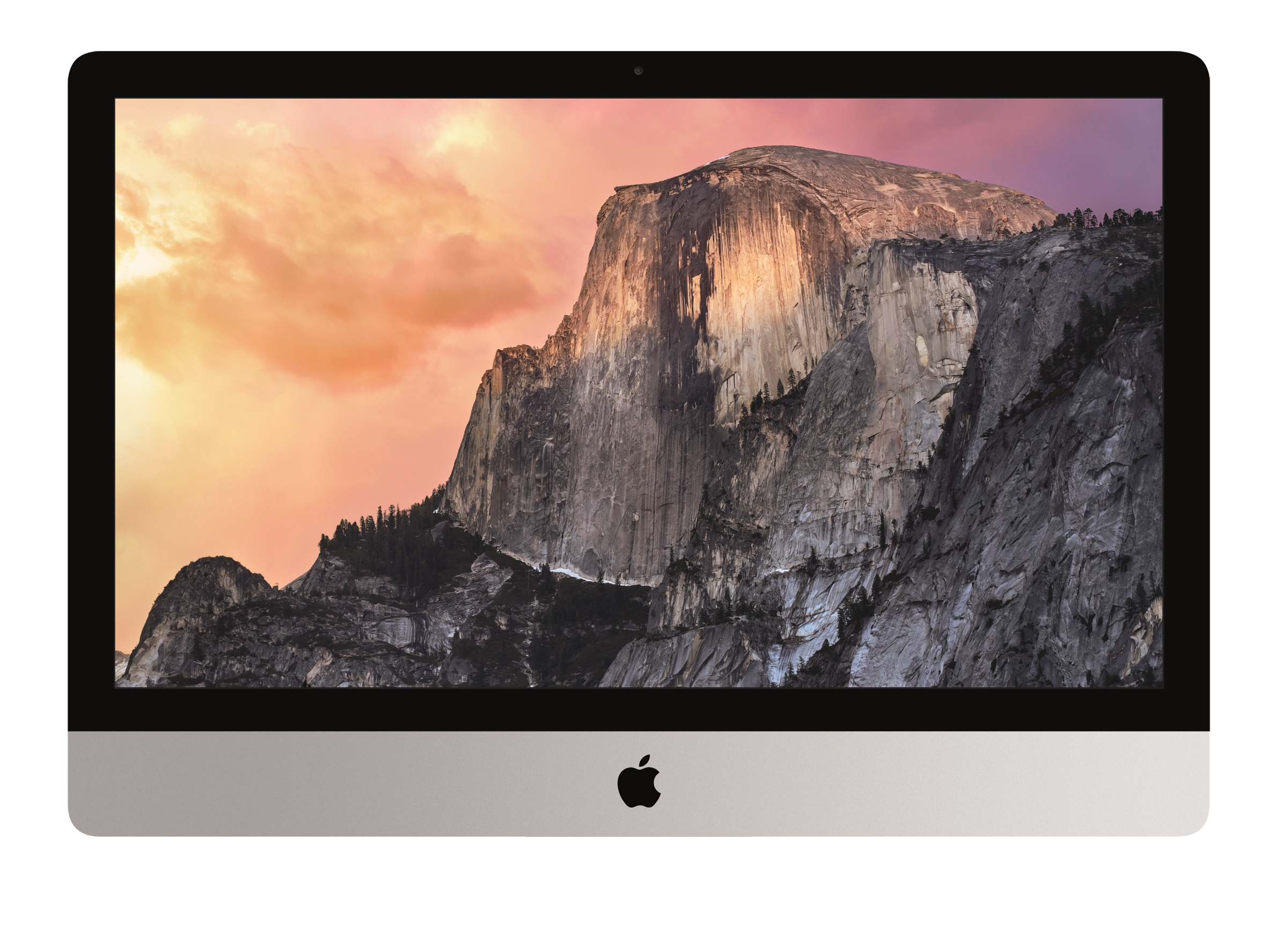 Ekran Apple iMac pokazujący górski krajobraz z zachodzącym słońcem.