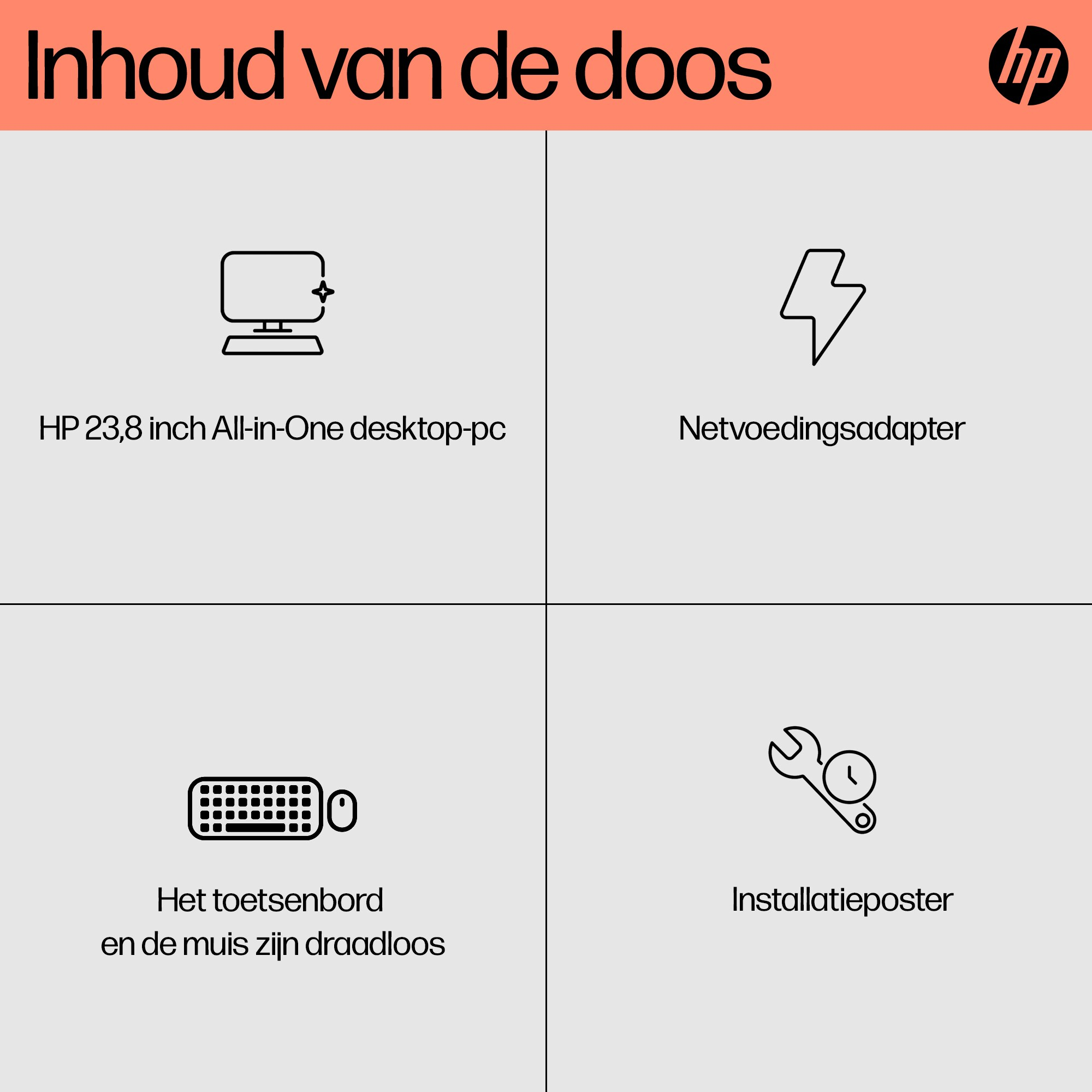 Diagram met de inhoud van een HP all-in-one desktop pc doos. Inclusief monitor, adapter.