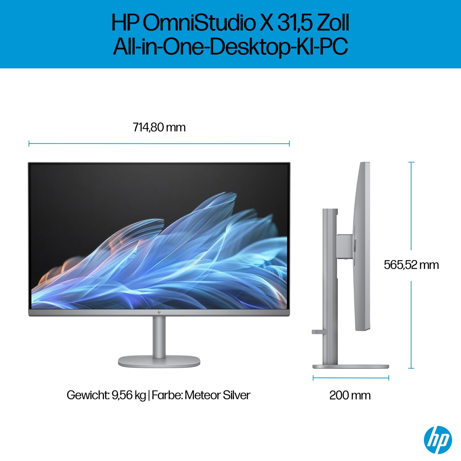 Monitor HP OmniStudio z wymiarami i informacjami. Srebrny, na białym tle.