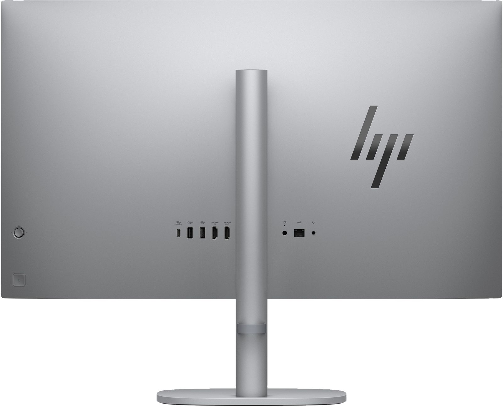 Widok z tyłu szarego monitora HP ze stojakiem. Ma kilka portów i logo HP.